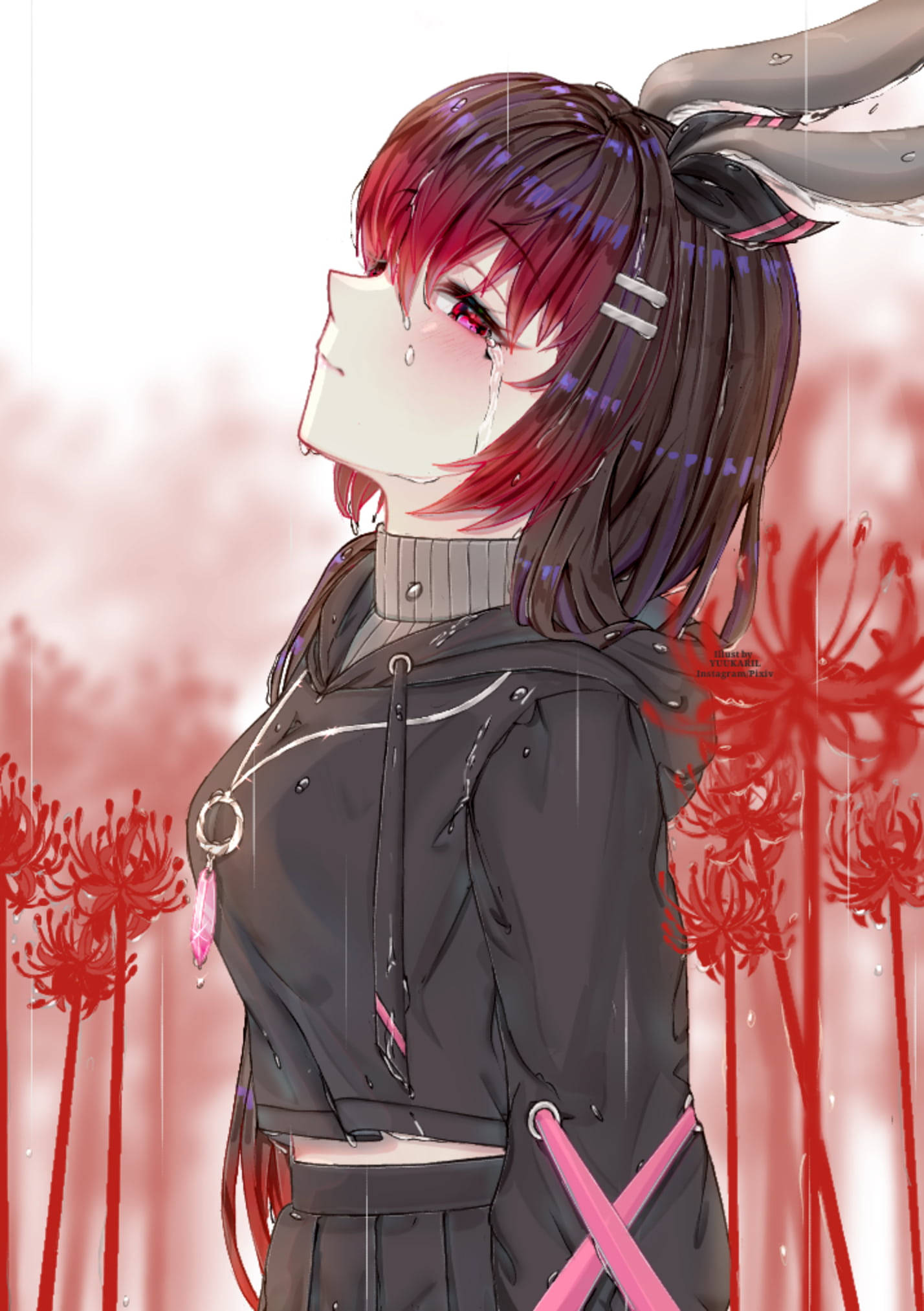 red-haired anime girl, bunny ears, rainstorm, Full HD Phone Wallpaper