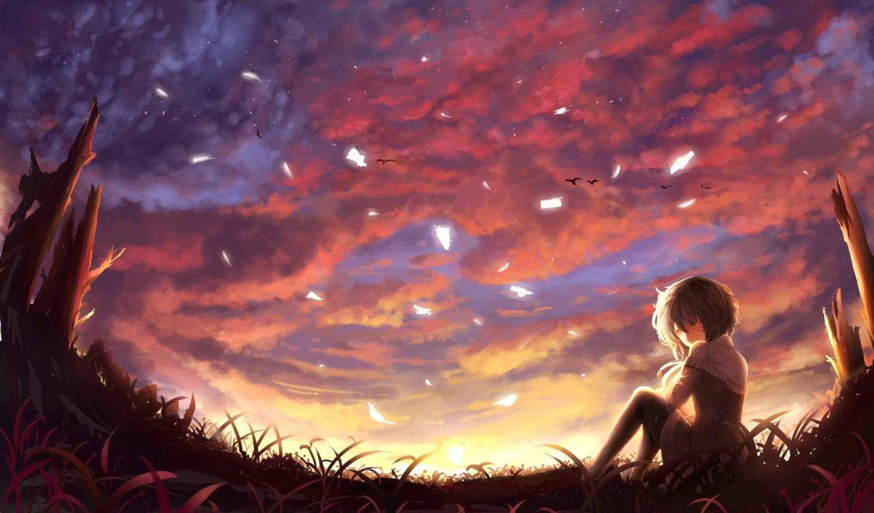 Aesthetic Sad Anime Girl, red sky, vibrant sunset sky, HD Desktop Wallpaper