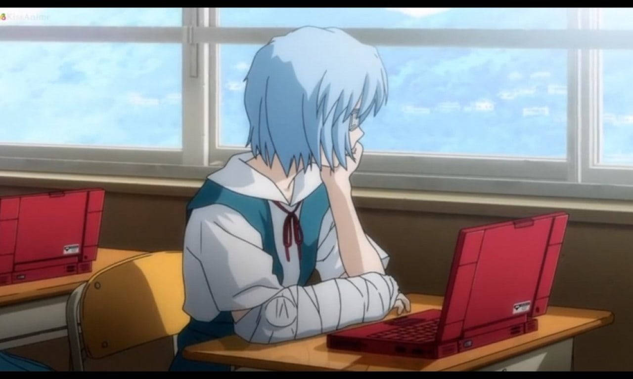 blue-haired anime girl, school uniform, red laptop, HD Desktop Wallpaper