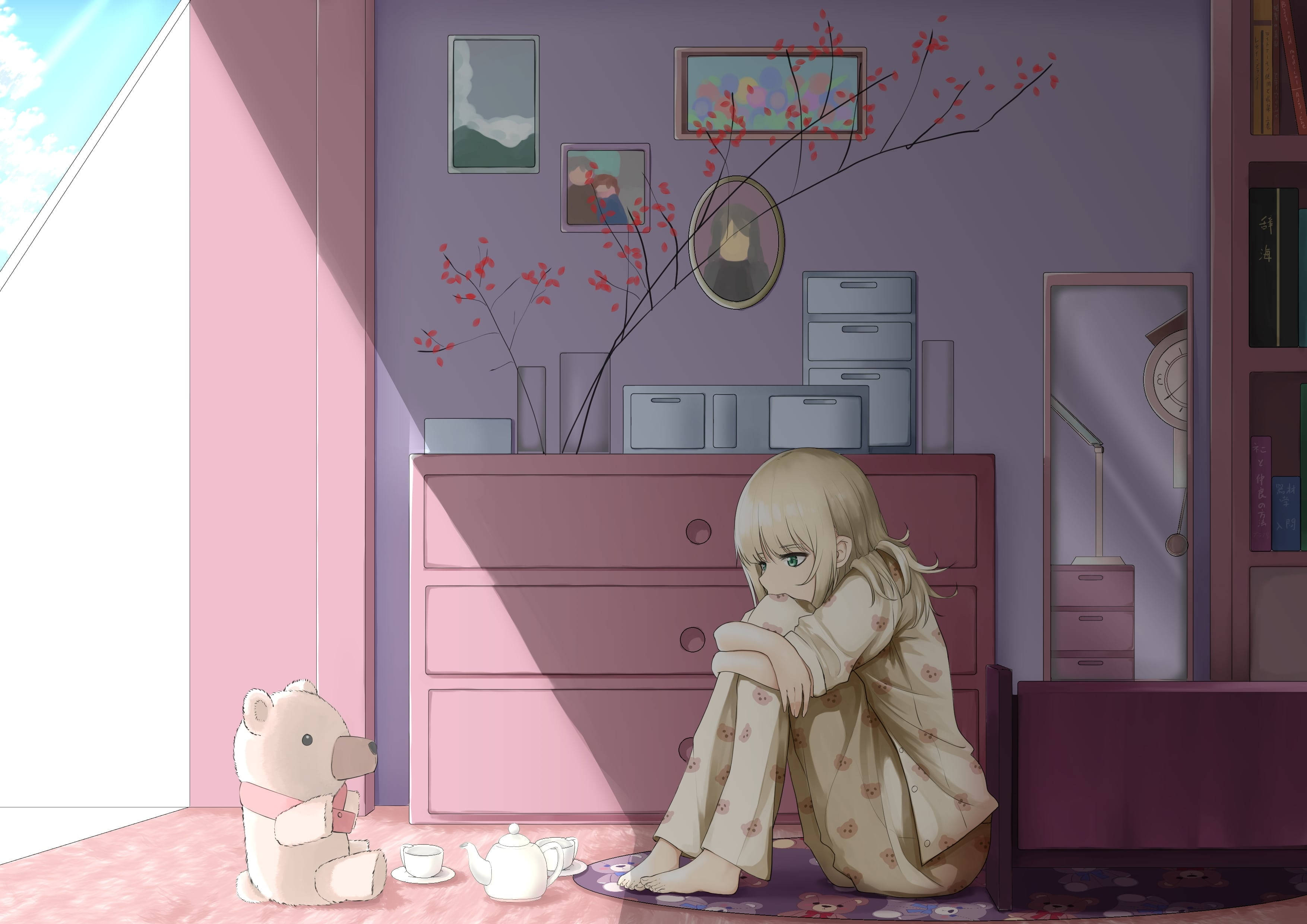 aesthetic sad anime girl, pajamas, floral rug, 2K Desktop Wallpaper