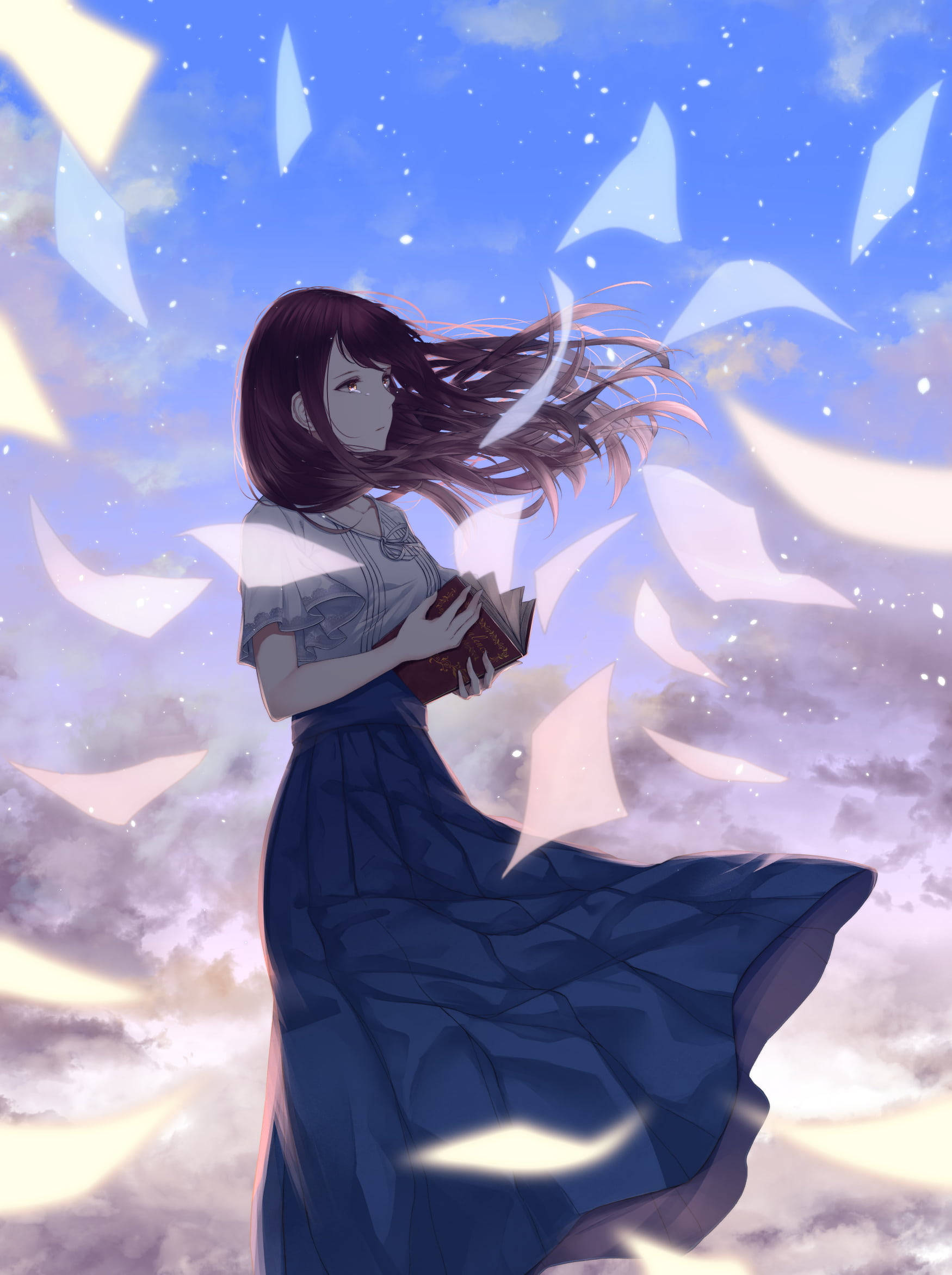 Aesthetic Sad Anime Girl, long blue skirt, blue dress, Full HD Phone Wallpaper