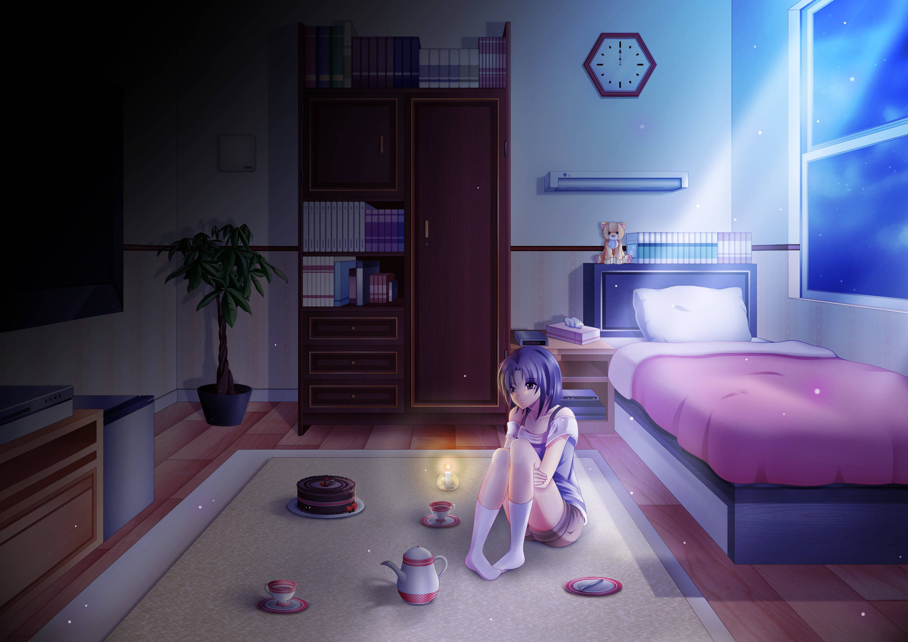 purple-haired anime girl, carpeted floor, cozy bedroom, 2K Desktop Wallpaper