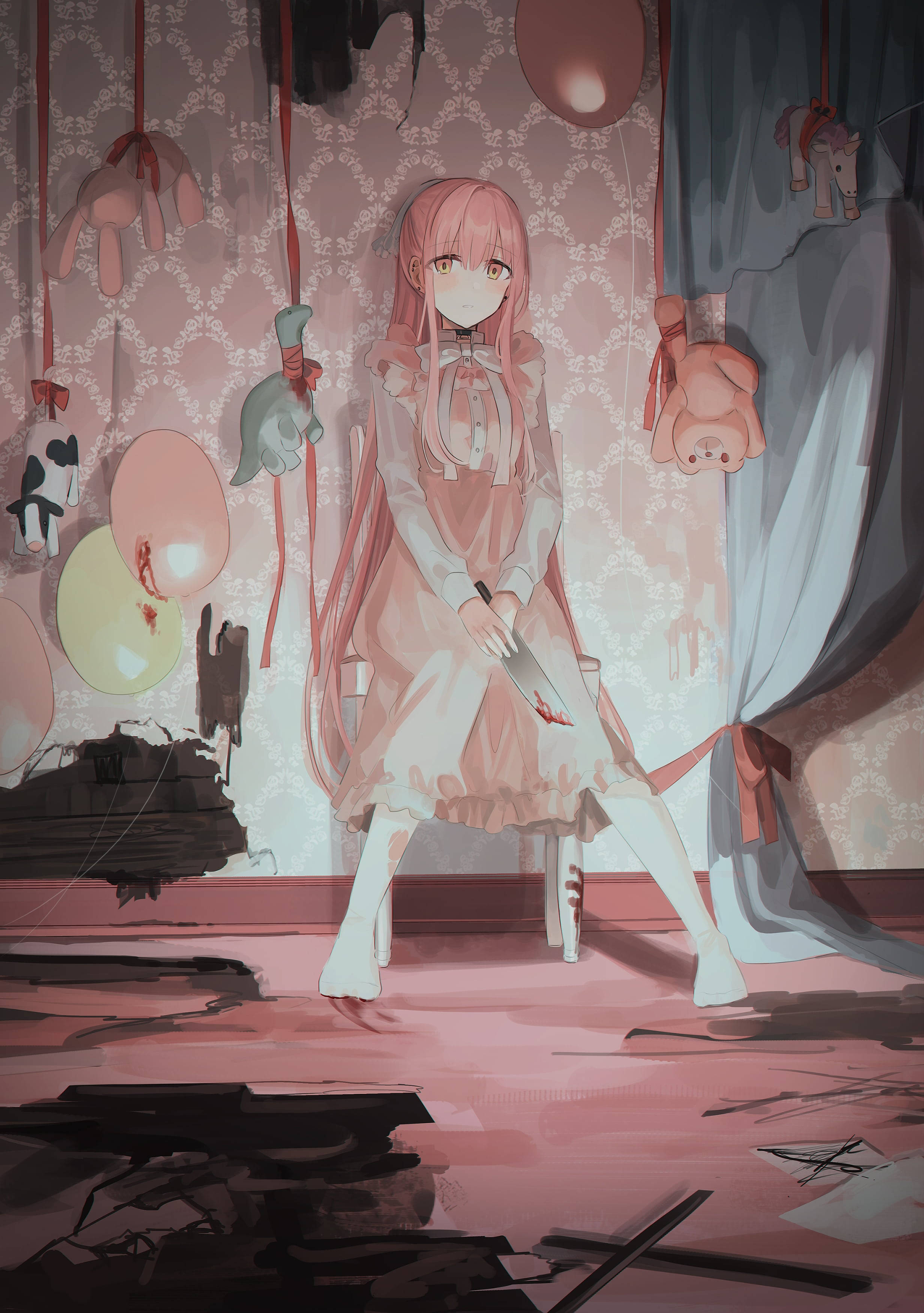 pink-haired, aesthetic sad anime girl, frilly dress, 2K Phone Wallpaper