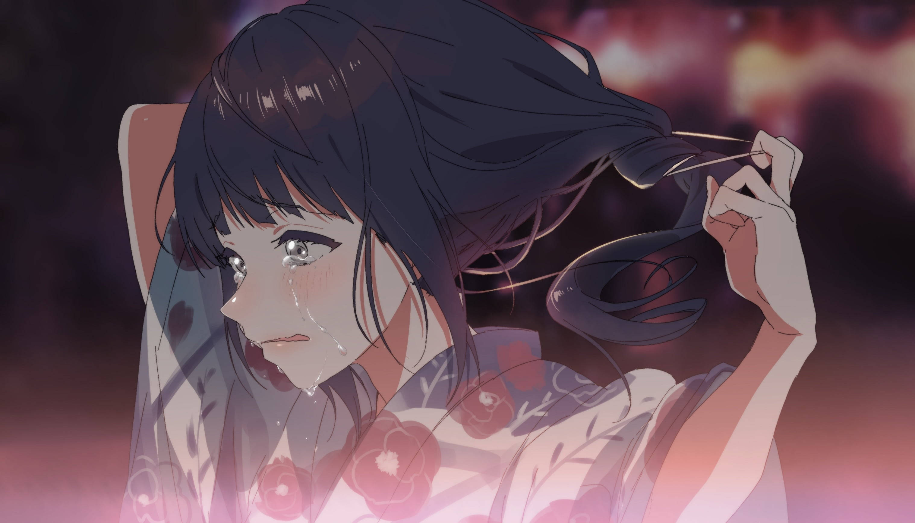 aesthetic sad anime girl, floral kimono, dark hair, 2K Desktop Wallpaper