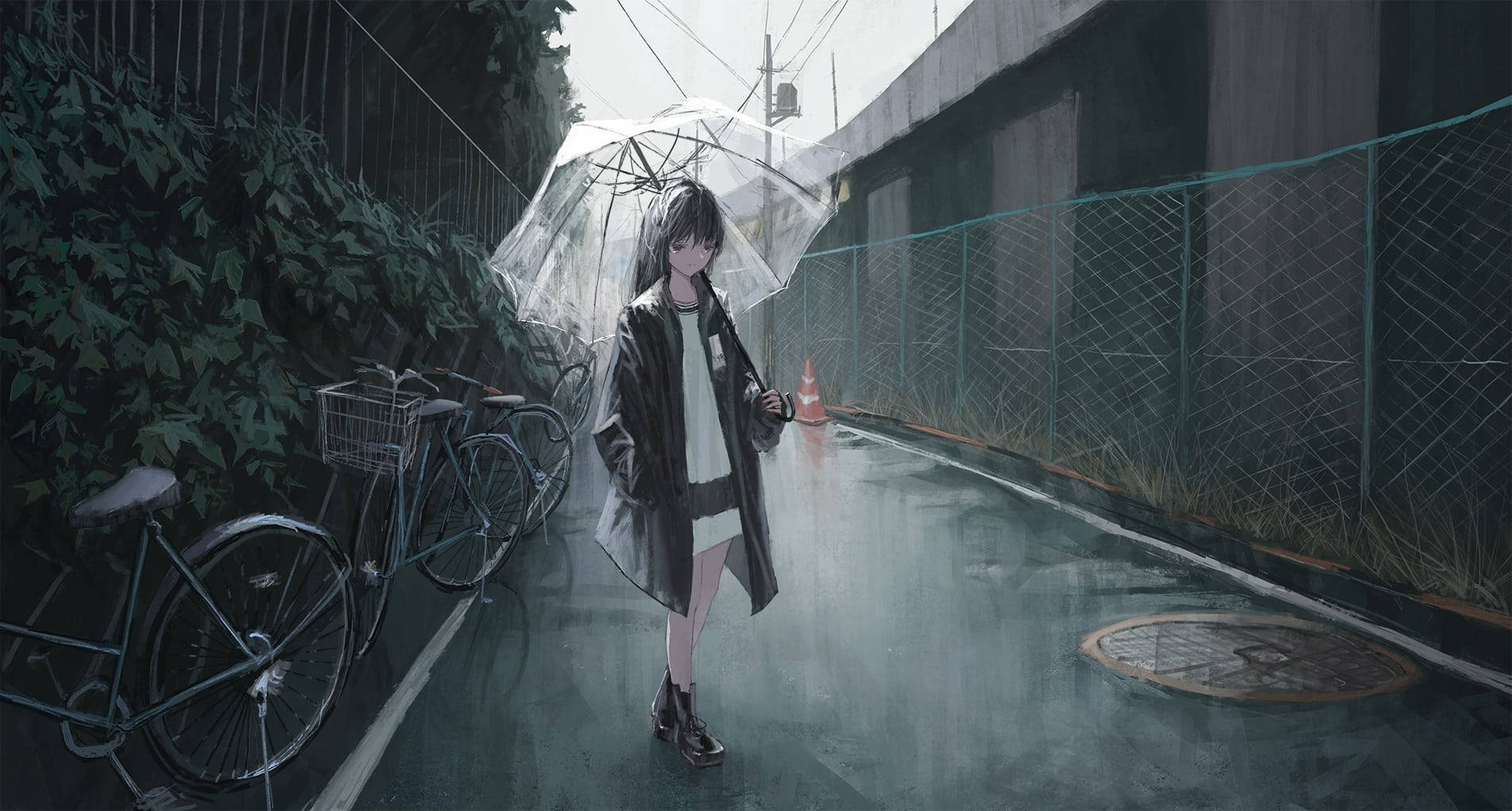 anime girl, dark hair, wet alley, HD Desktop Wallpaper