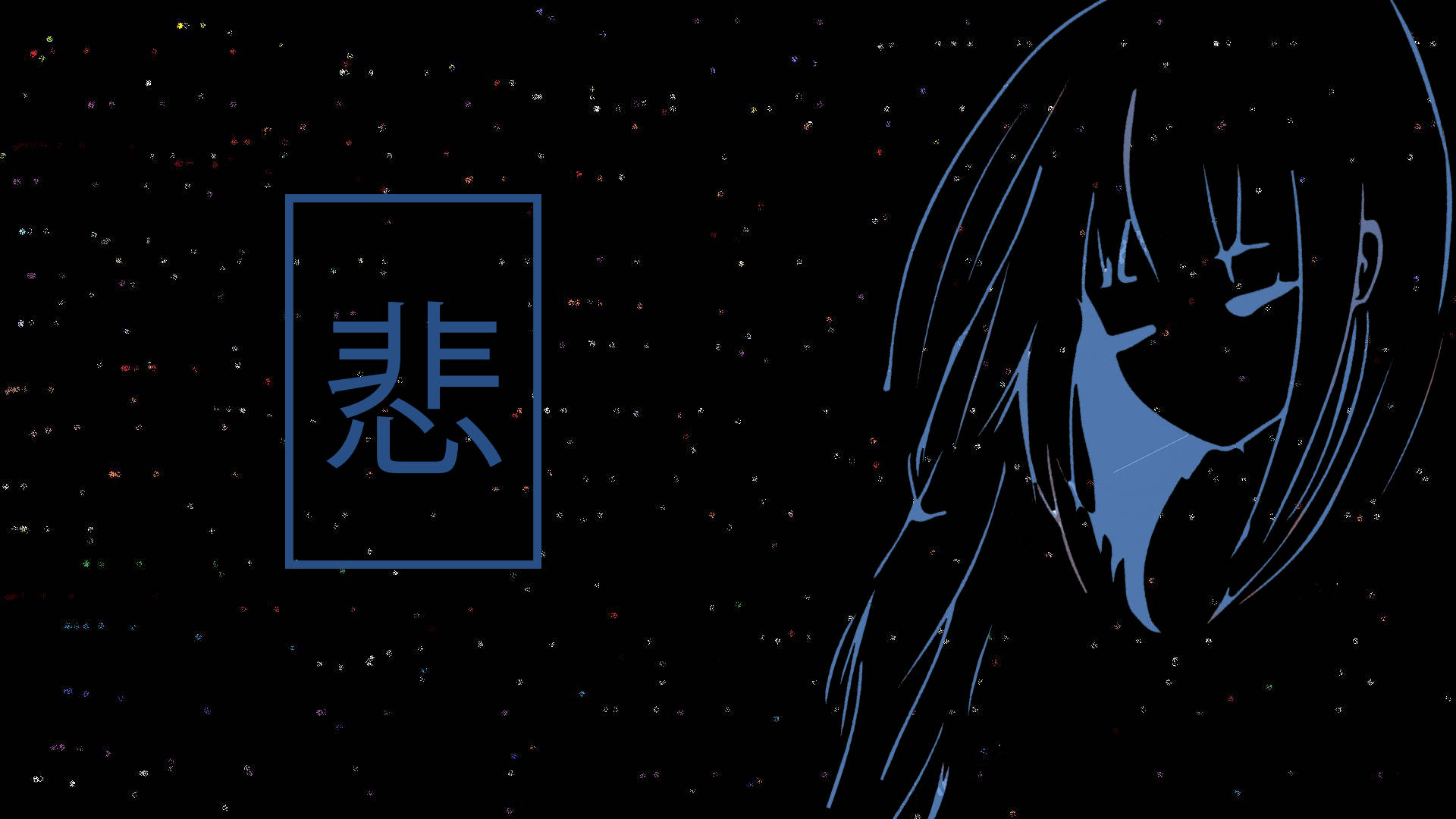 blue line-art anime girl, downcast eyes, starry black background, Full HD Desktop Wallpaper