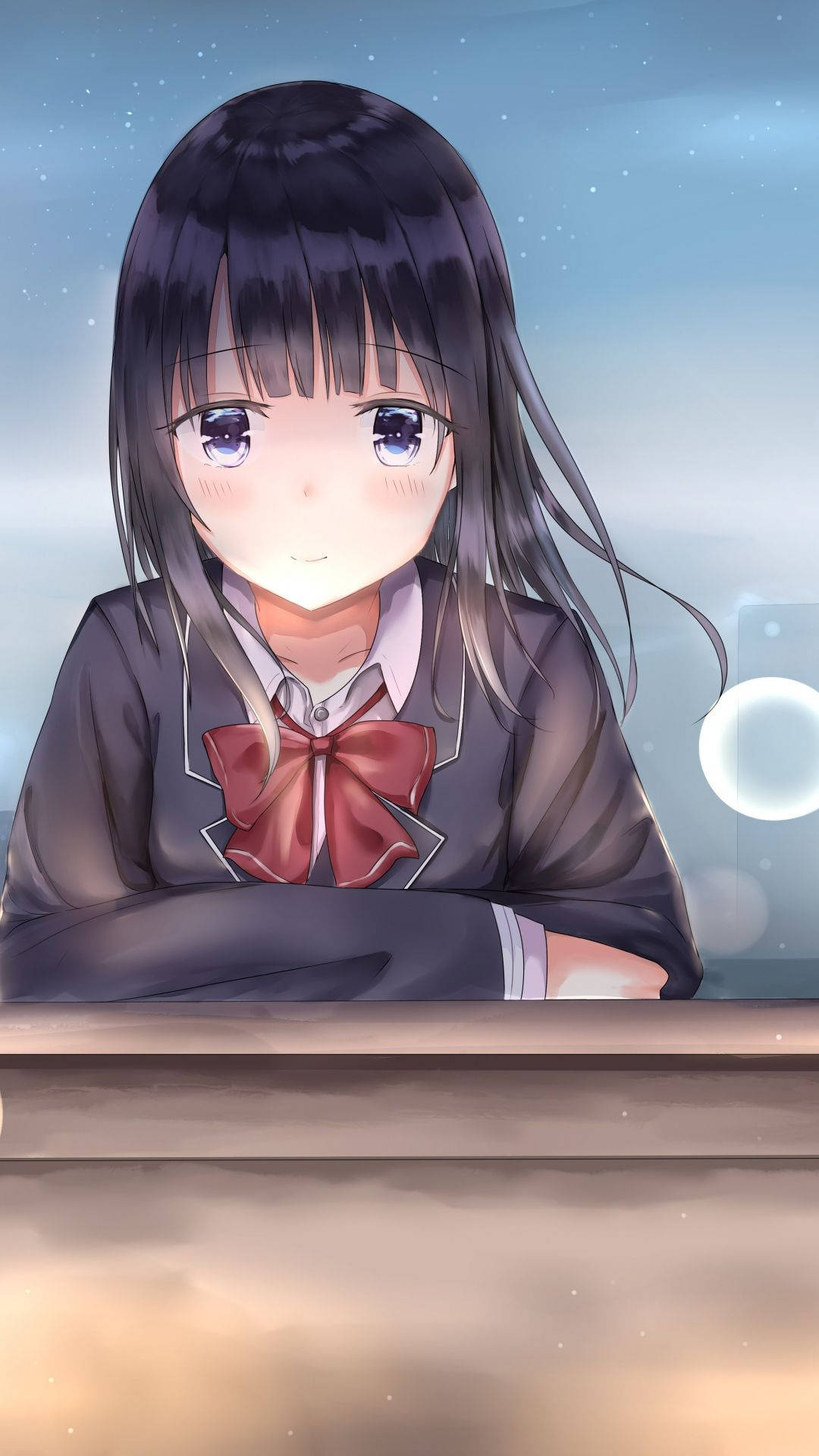 anime girl, school uniform, red bow, Full HD Phone Wallpaper