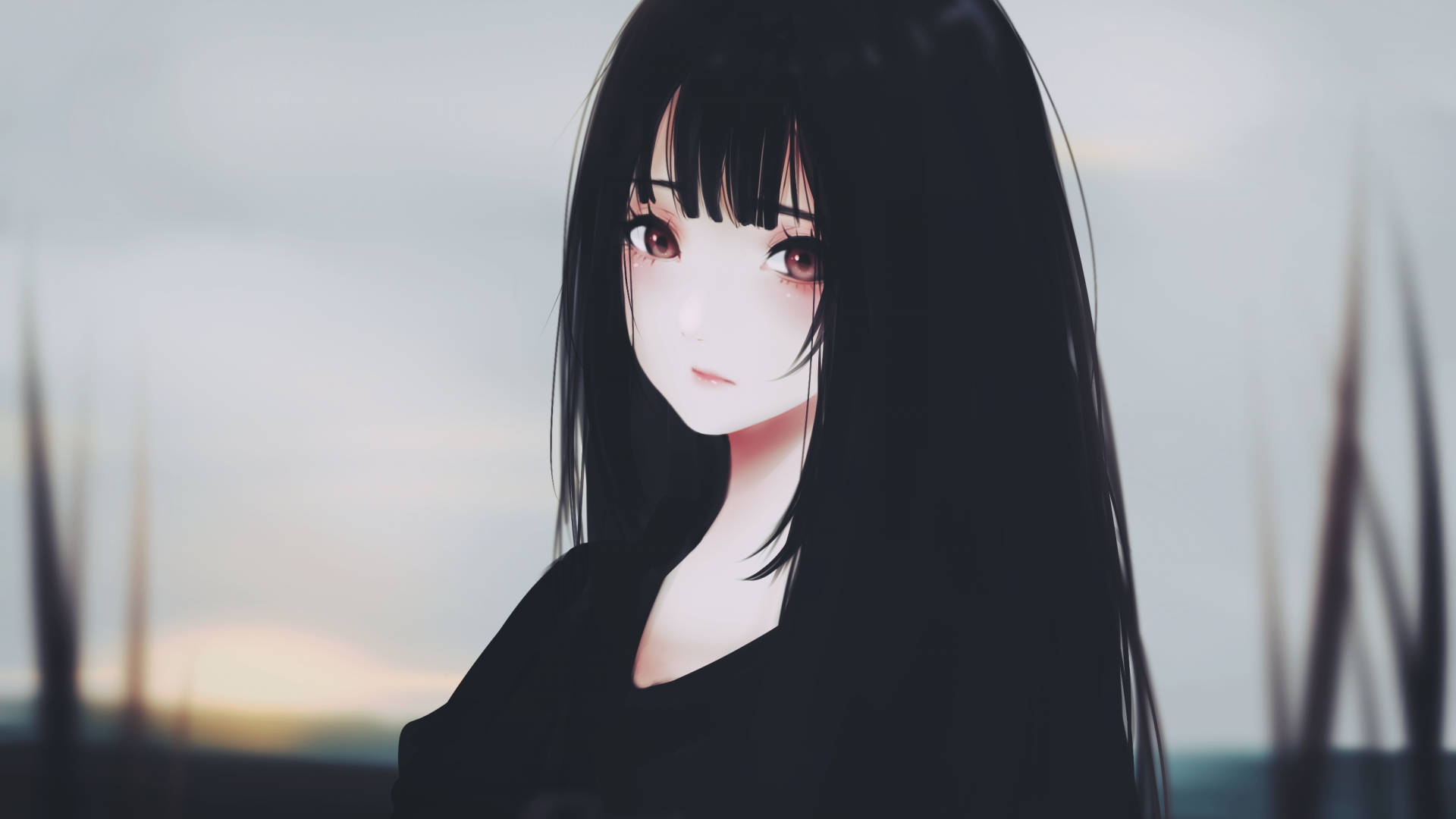 anime girl, long black hair, soft pink eyes, Full HD Desktop Wallpaper