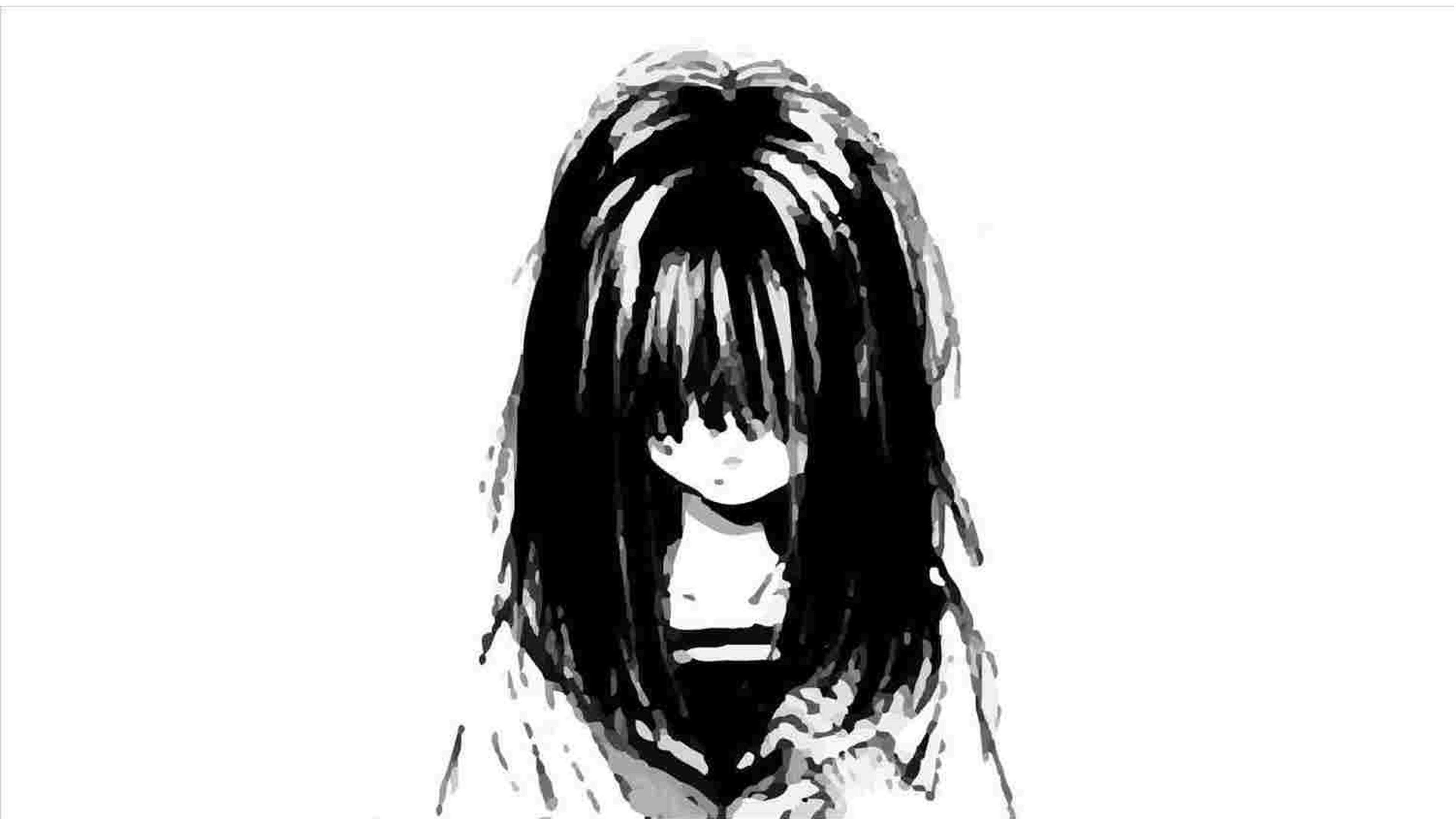 monochrome, anime girl, long dark hair, 4K Desktop Wallpaper