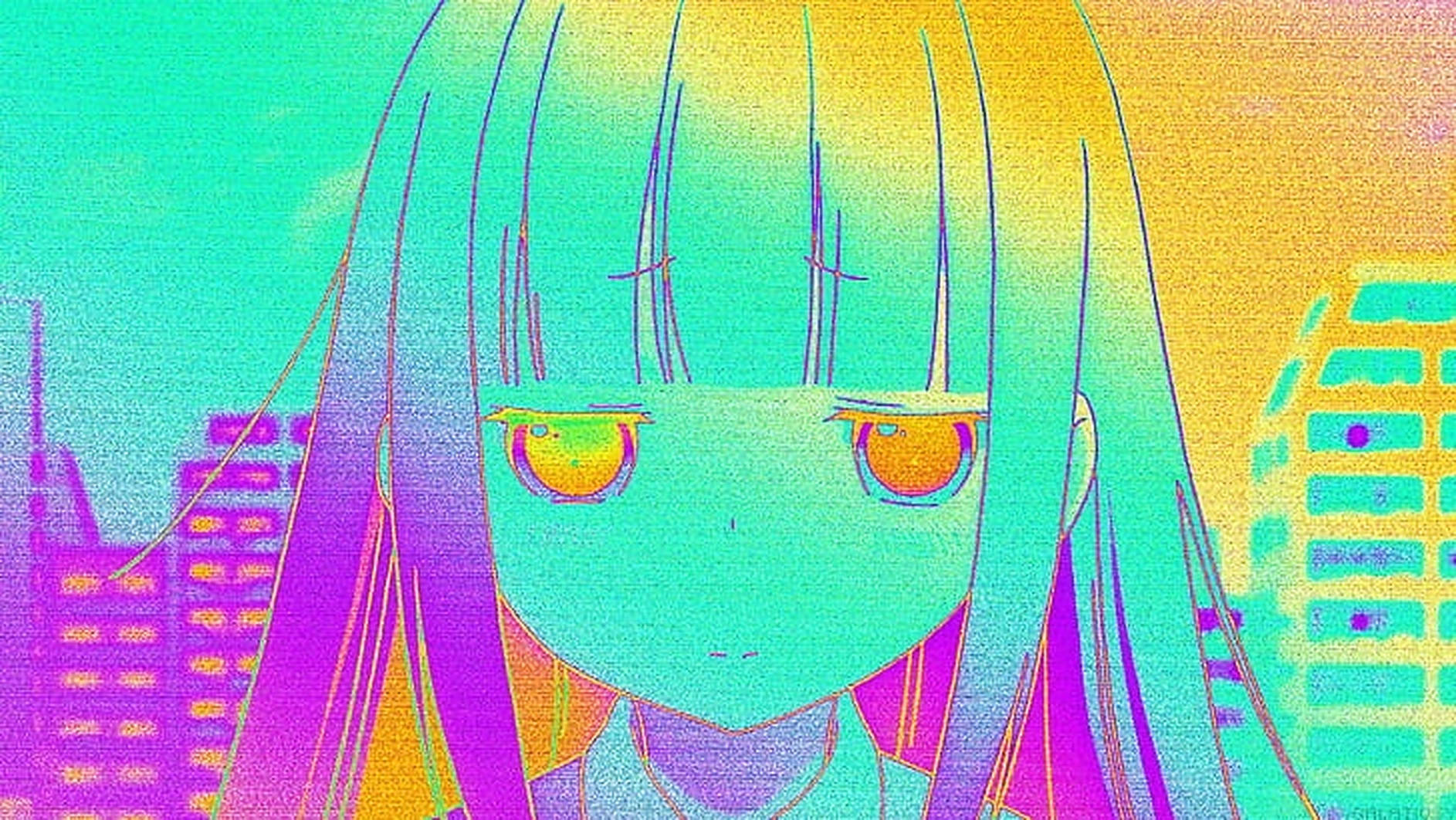 glowing eyes, vibrant hair, glitchy cityscape, HD Desktop Wallpaper