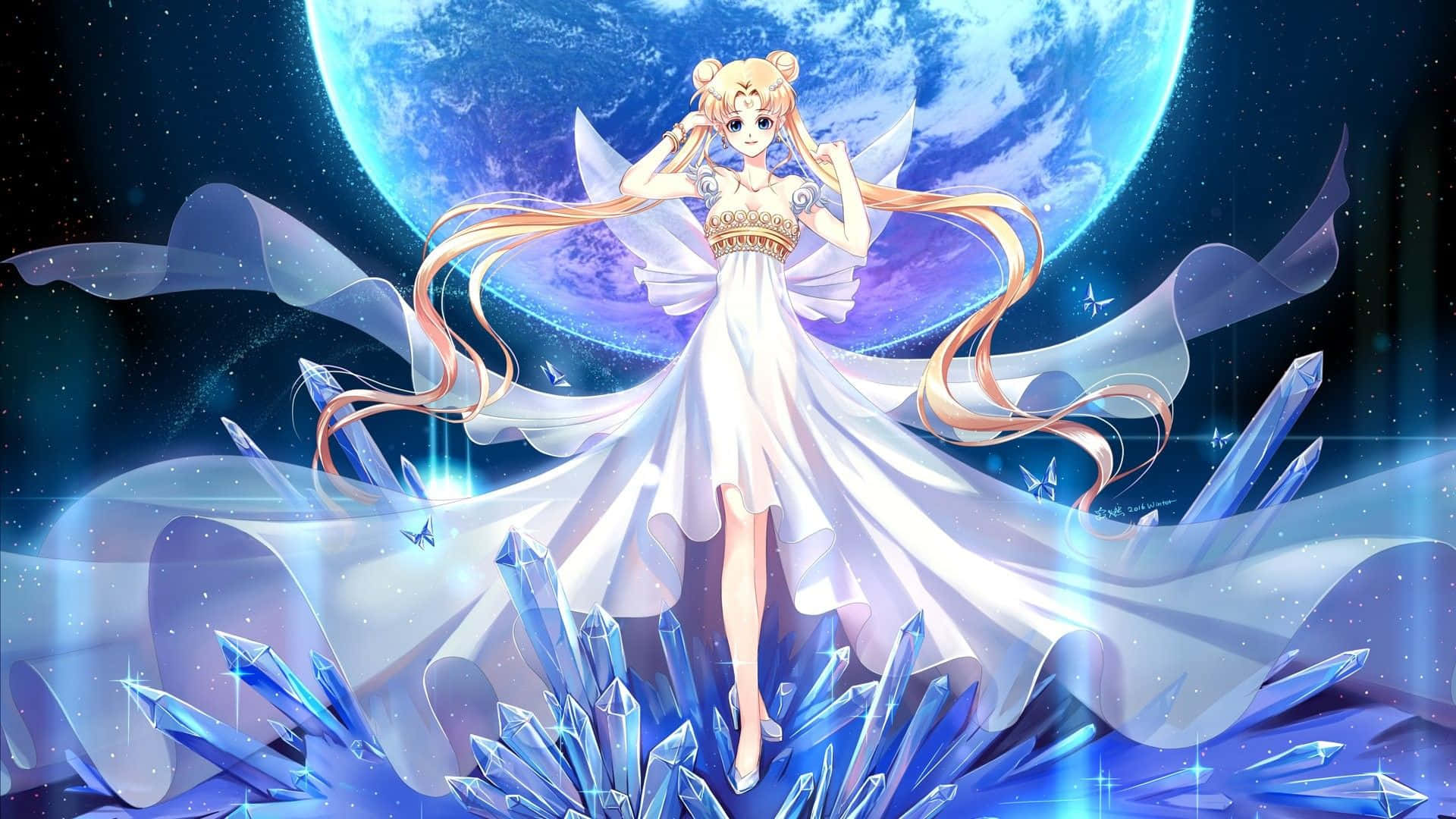 Aesthetic Sailor Moon, Sailor Moon, glowing blue crystals, Full HD Desktop Wallpaper