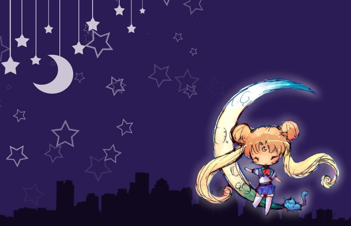 Aesthetic Sailor Moon, crescent moon, starry night sky, HD Desktop Wallpaper