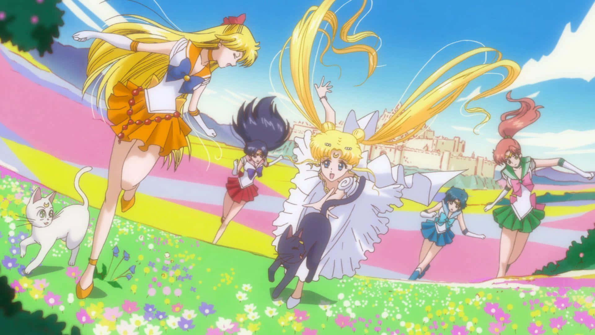Sailor Moon, sailor suit, rainbow field, Full HD Desktop Wallpaper