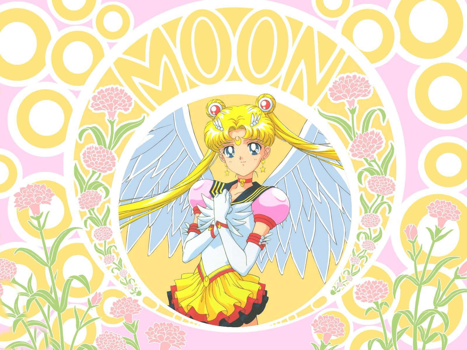 Sailor Moon, pink flowers, yellow geometric patterns, HD Desktop Wallpaper