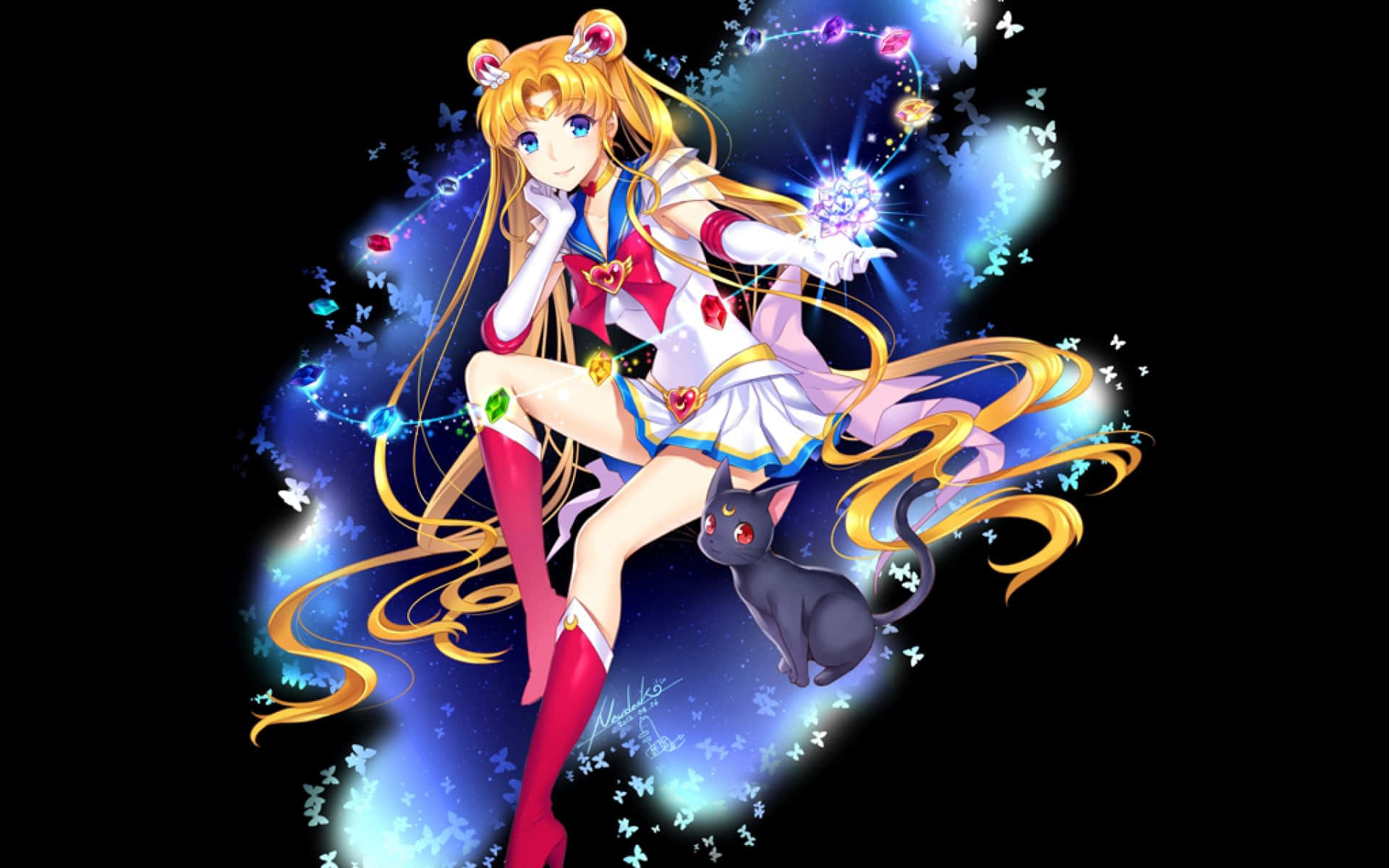 Sailor Moon, cosmic butterfly background, glowing orb, Full HD Desktop Wallpaper