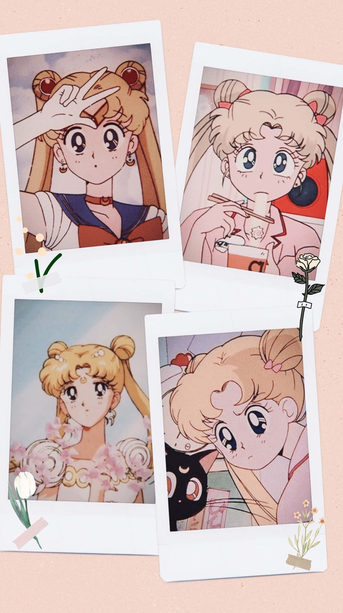 Sailor Moon, Polaroid-style photos, pastel pink surface, Full HD Phone Wallpaper