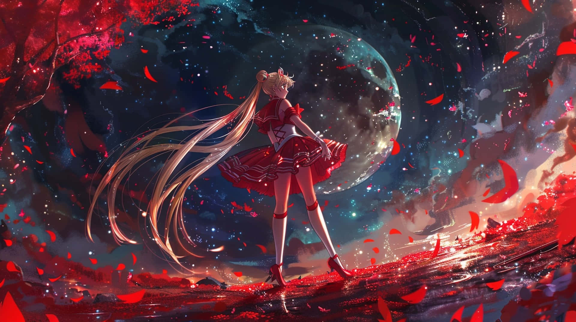 Sailor Moon, cosmic sky, glowing moon, Full HD Desktop Wallpaper