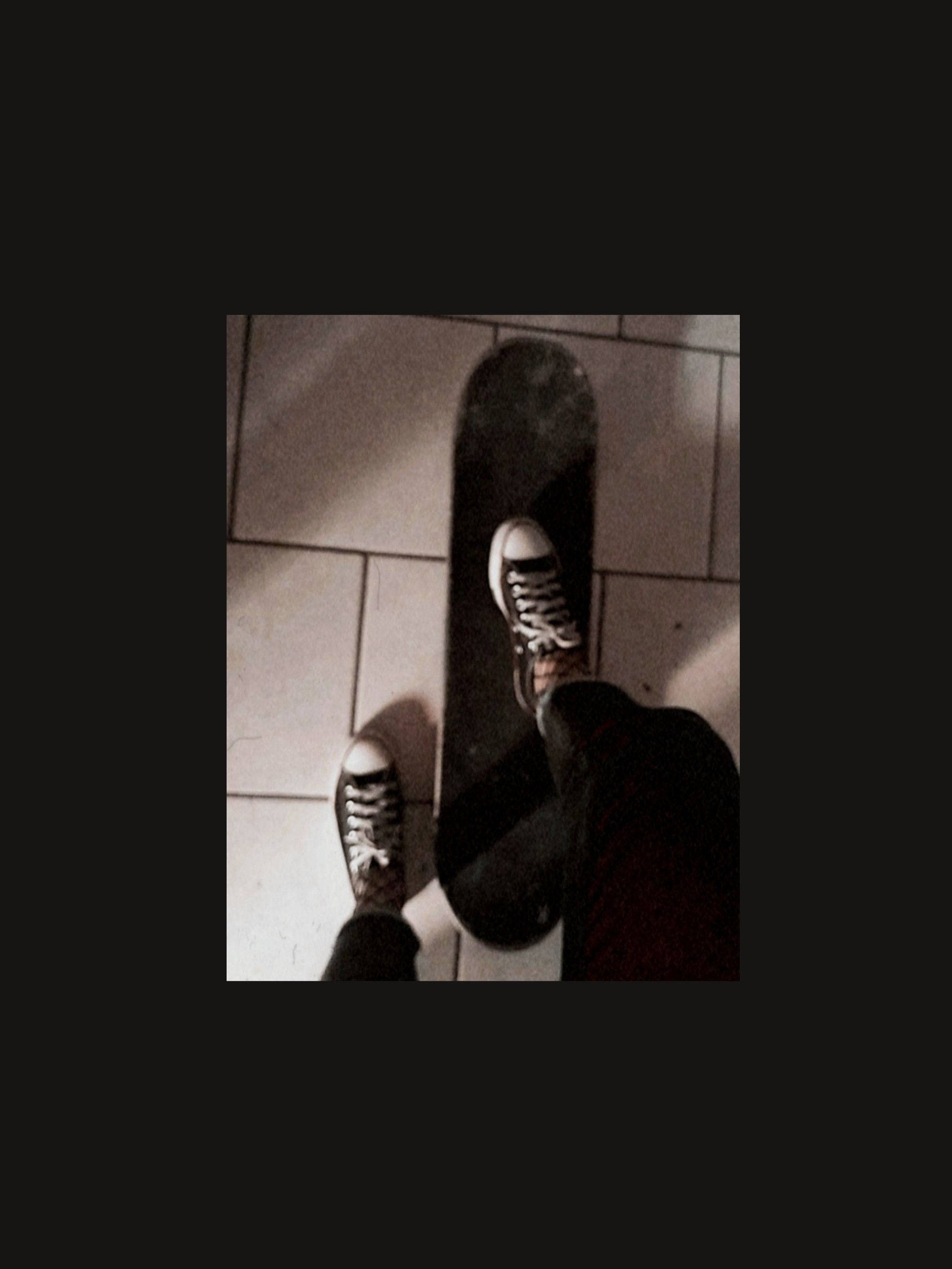 black aesthetic skateboard, black pants, white sneakers, 2K Phone Wallpaper