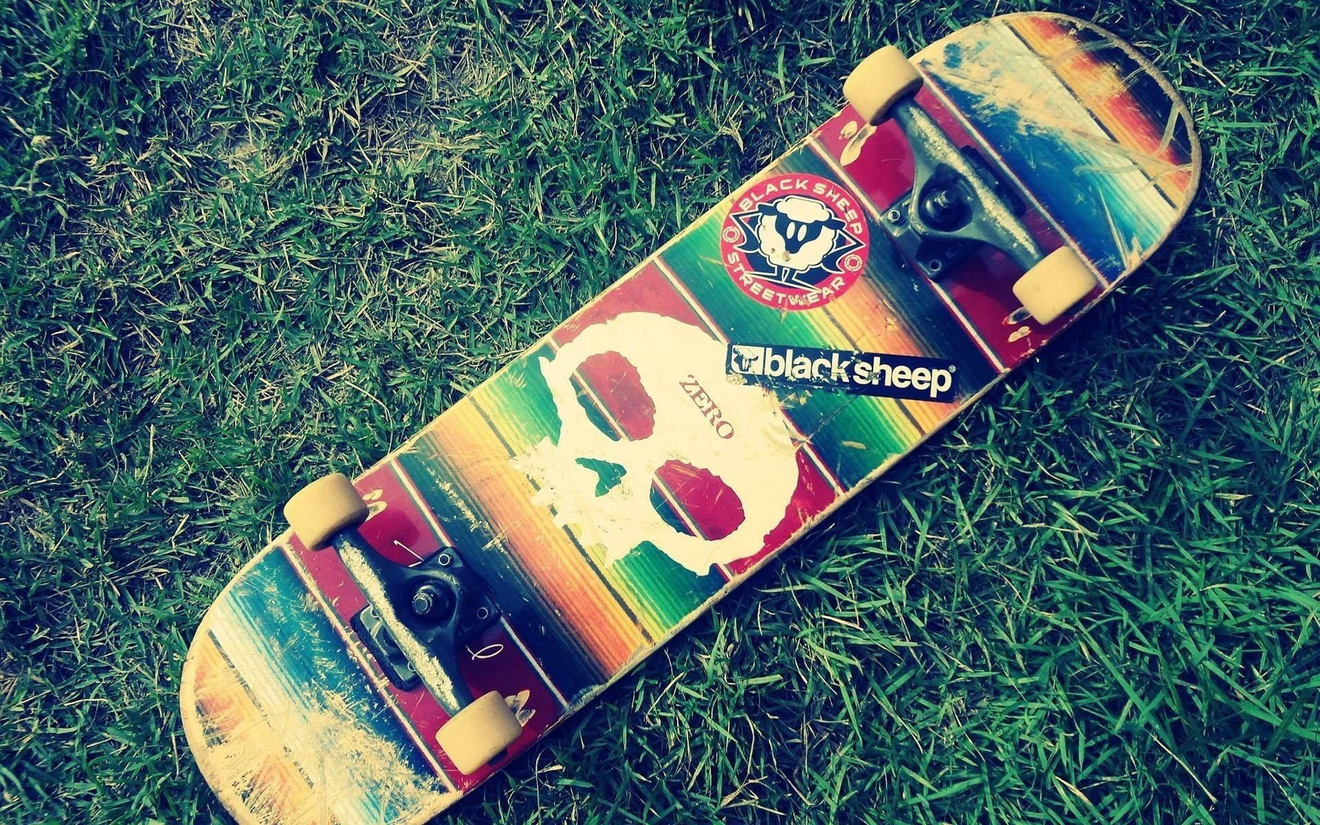 Aesthetic Skateboard, skull graphic, brand stickers, Full HD Desktop Wallpaper