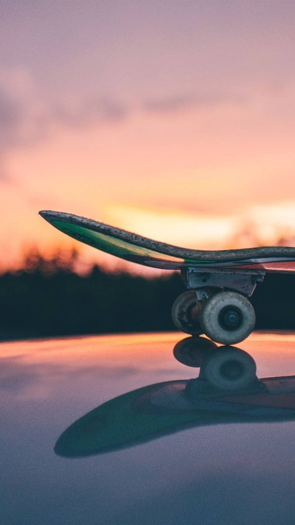 aesthetic skateboard, purple sunset, reflective surface, HD Phone Wallpaper