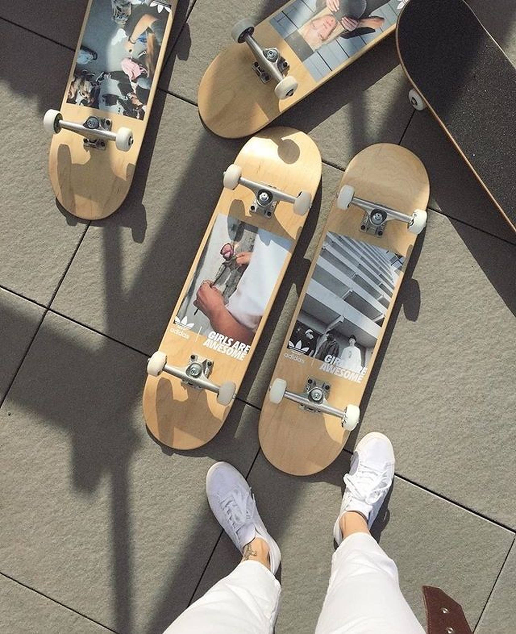Skater Boy Aesthetic Skate Boards, white sneakers, tiled pavement, Full HD Phone Wallpaper