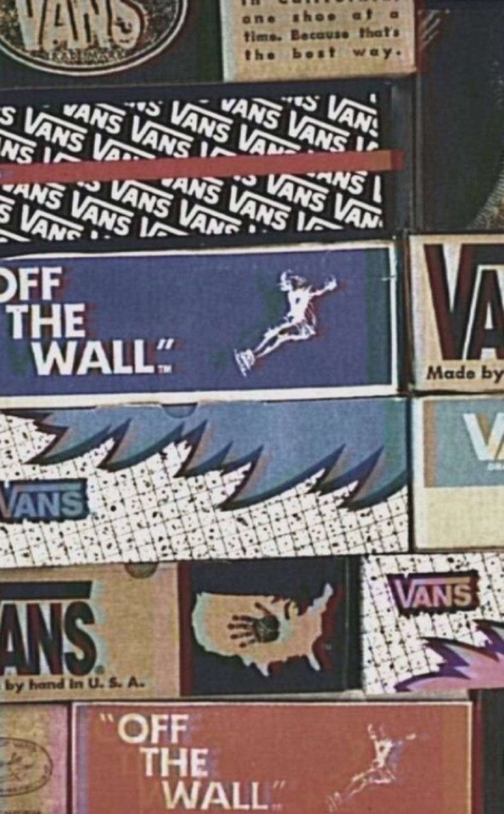 vintage Vans shoebox designs, iconic branding slogans, bold colors, HD Phone Wallpaper