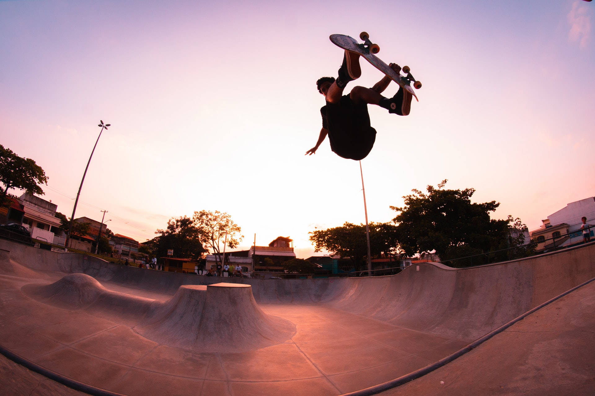 skateboarder, aerial trick, sunset, Full HD Desktop Wallpaper