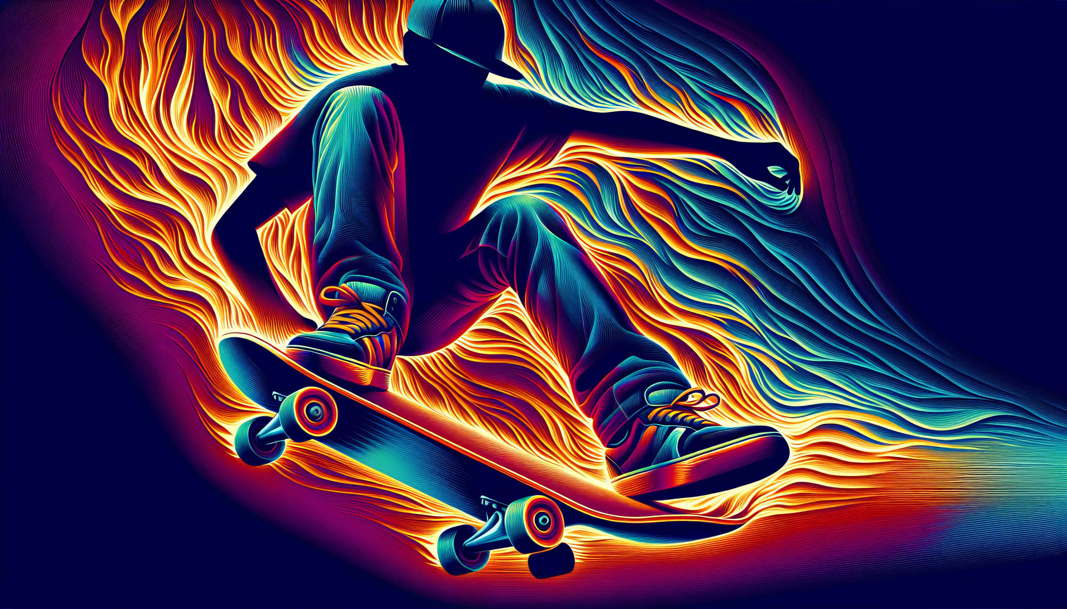neon skateboarder, swirling neon flames, orange and teal, 2K Desktop Wallpaper