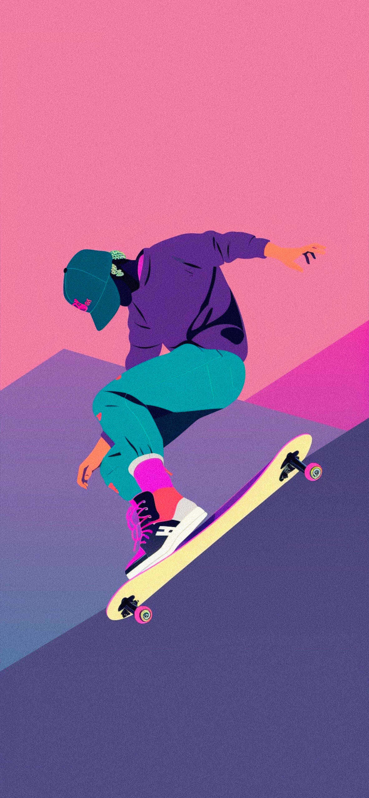 vibrant pink and purple gradient background, purple and teal, skateboarder, 2K Phone Wallpaper