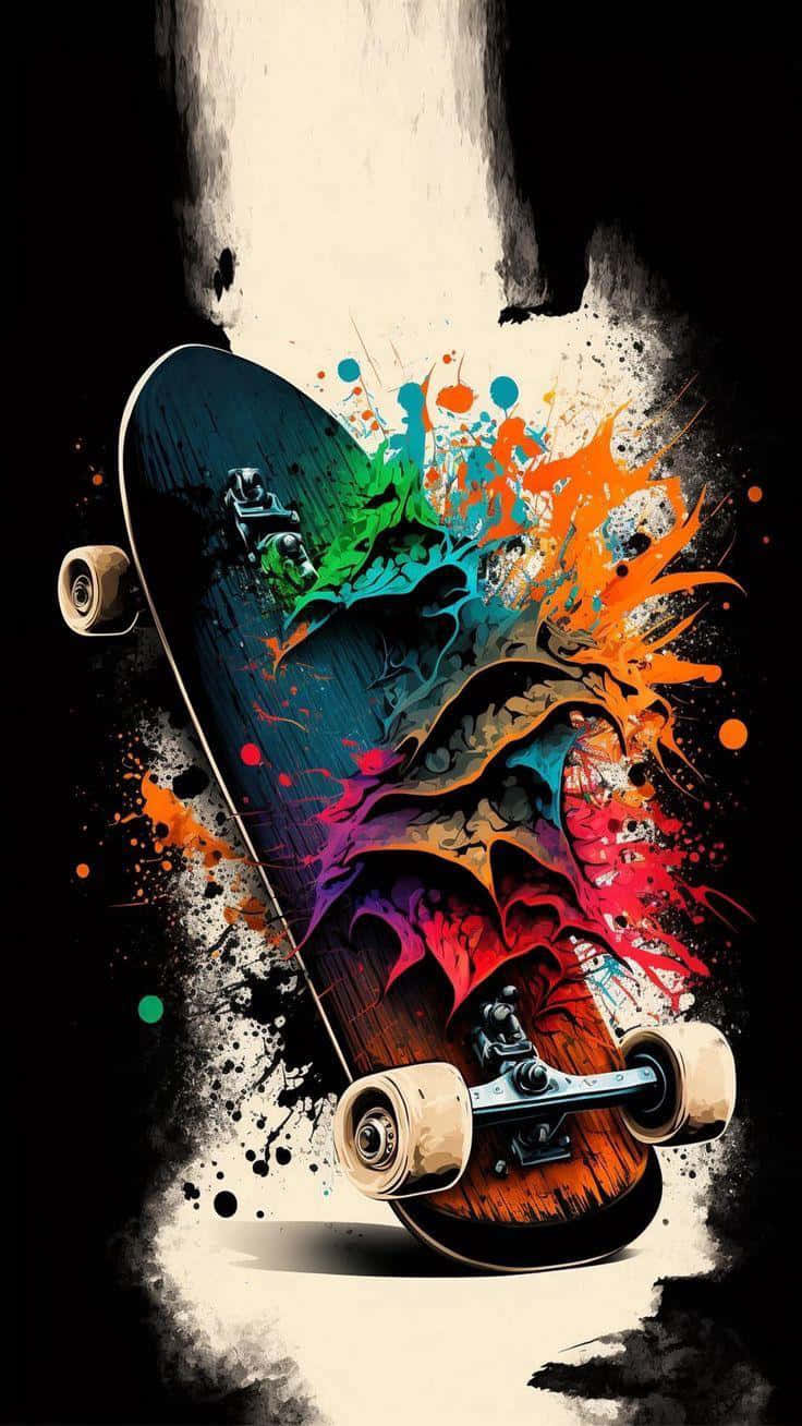 vibrant paint splatters, skateboard, black and white background, HD Phone Wallpaper