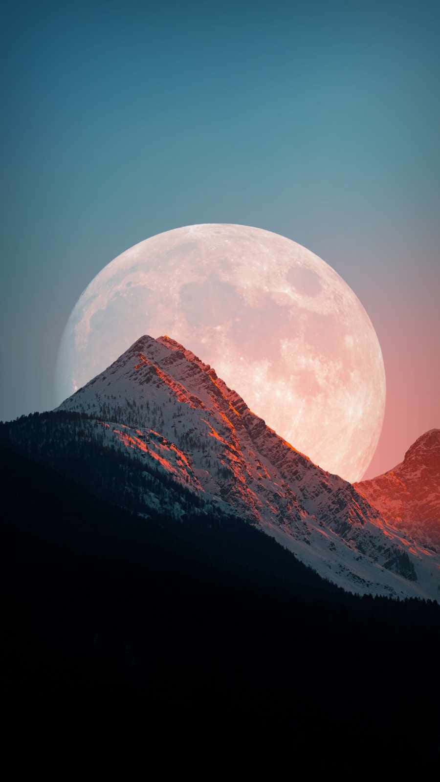 Cool Moon, snowcapped mountain peak, glowing pink and blue moon, HD Phone Wallpaper