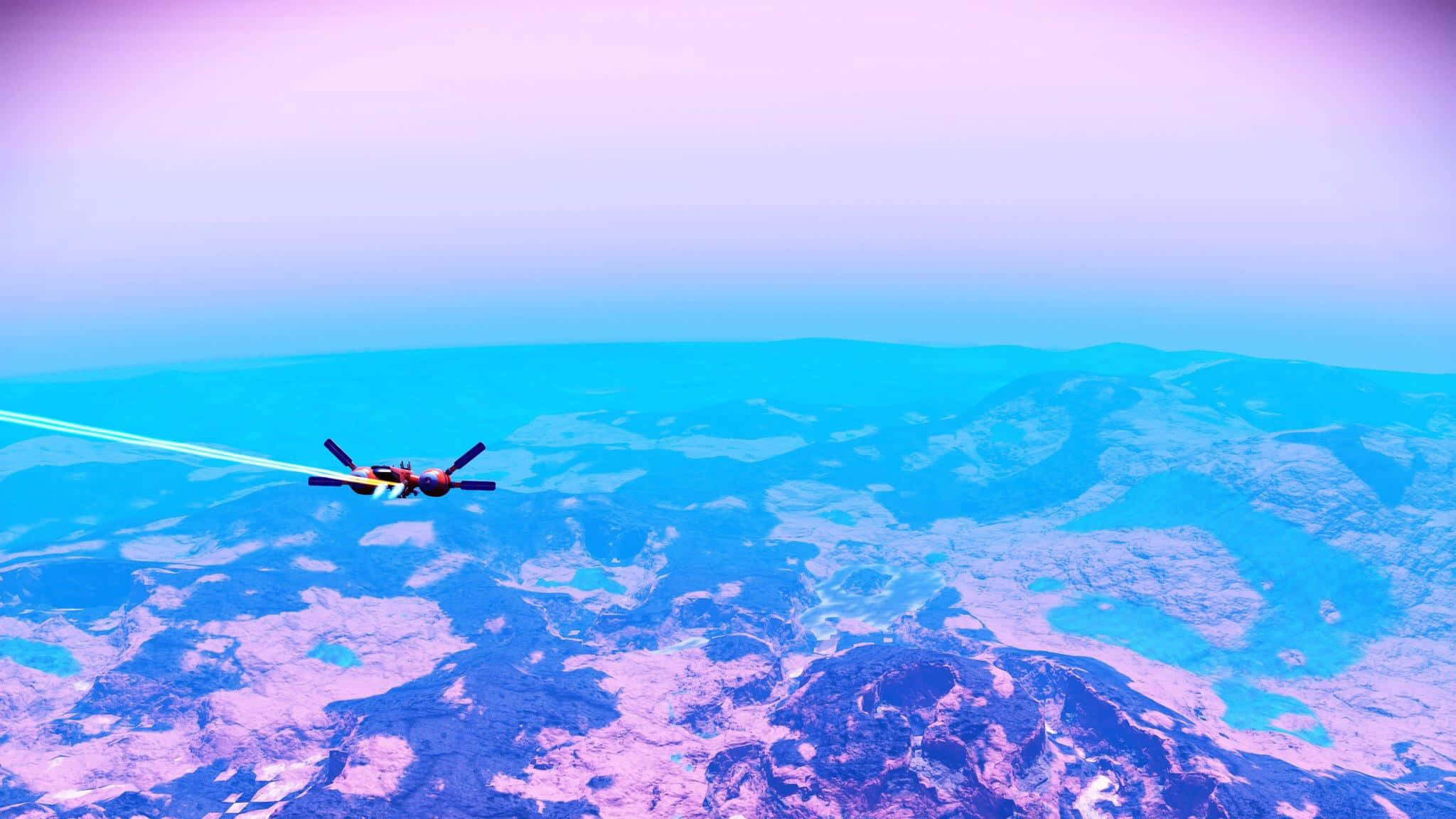 red stunt plane, surreal purple and blue mountainous terrain, gradient sky, Full HD Desktop Wallpaper