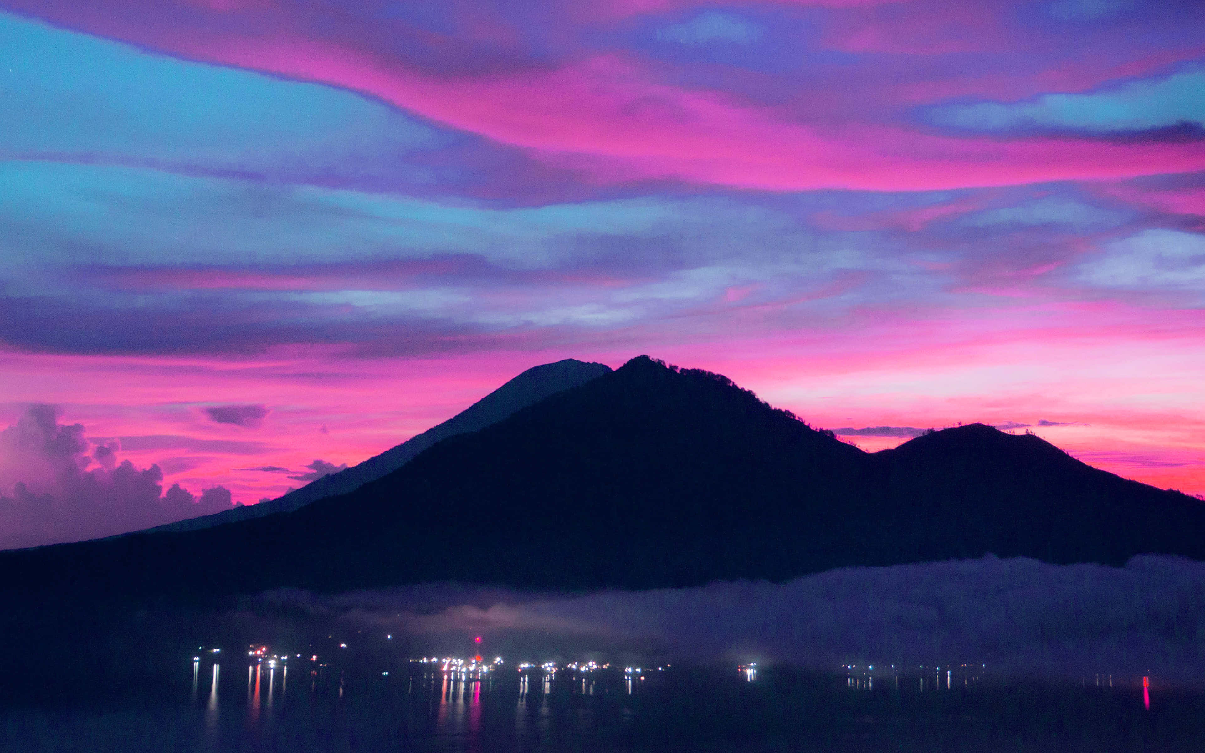 blue and pink mountains, vibrant pink and blue twilight sky, misty reflections, 4K Desktop Wallpaper