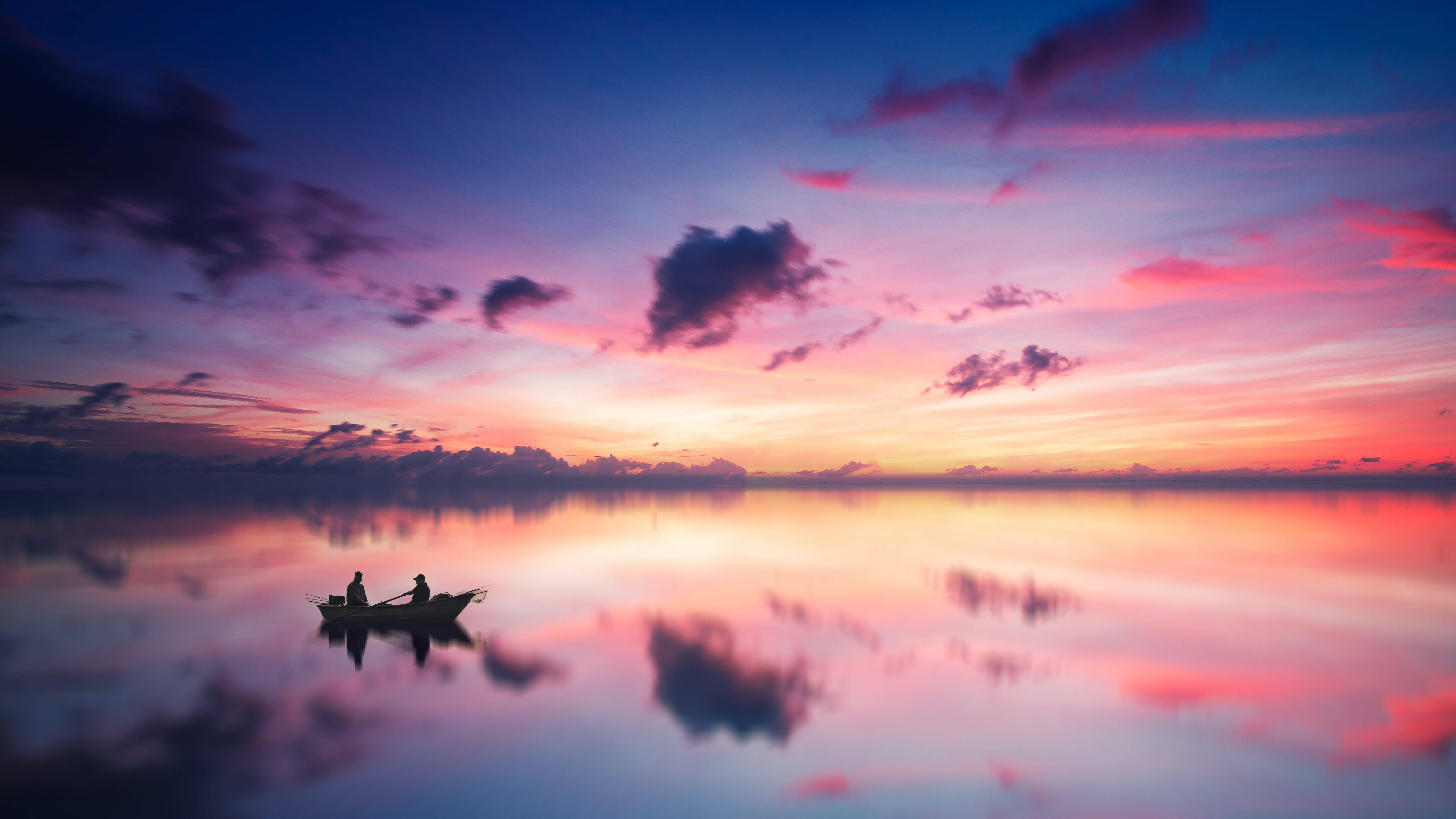 twilight sky, pink purple and orange clouds, glassy lake, 5K Desktop Wallpaper