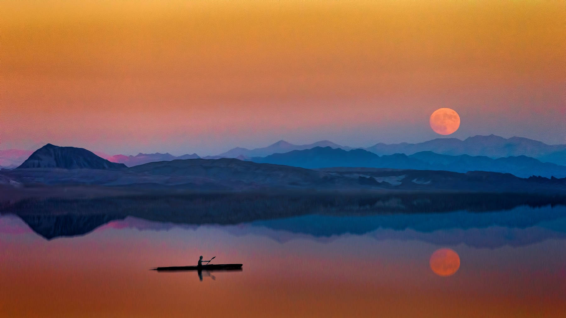 Aesthetic Sky, yellow full moon, glassy lake, HD Desktop Wallpaper
