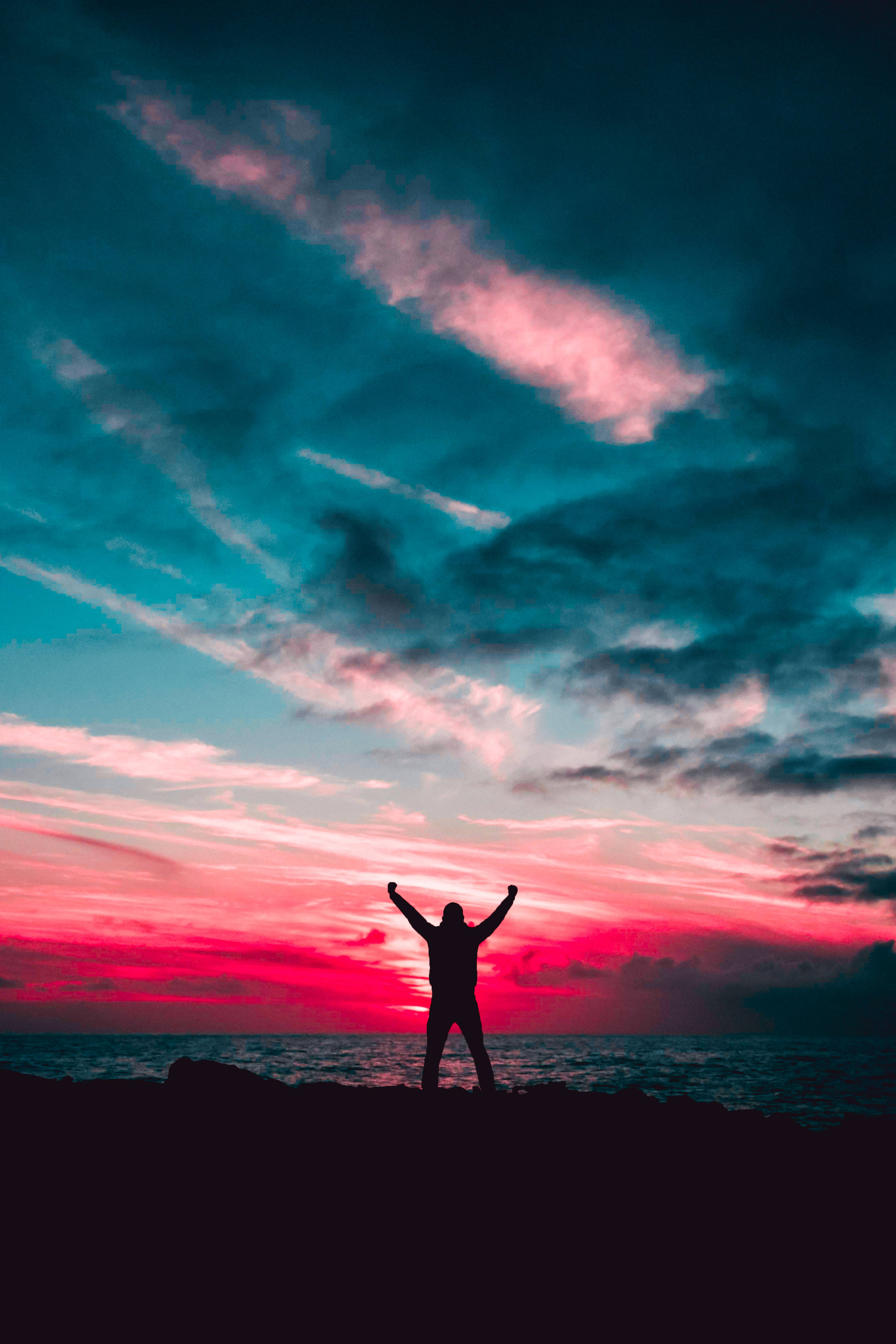Aesthetic Sky, rocky shore, dramatic sunset sky, 5K Phone Wallpaper
