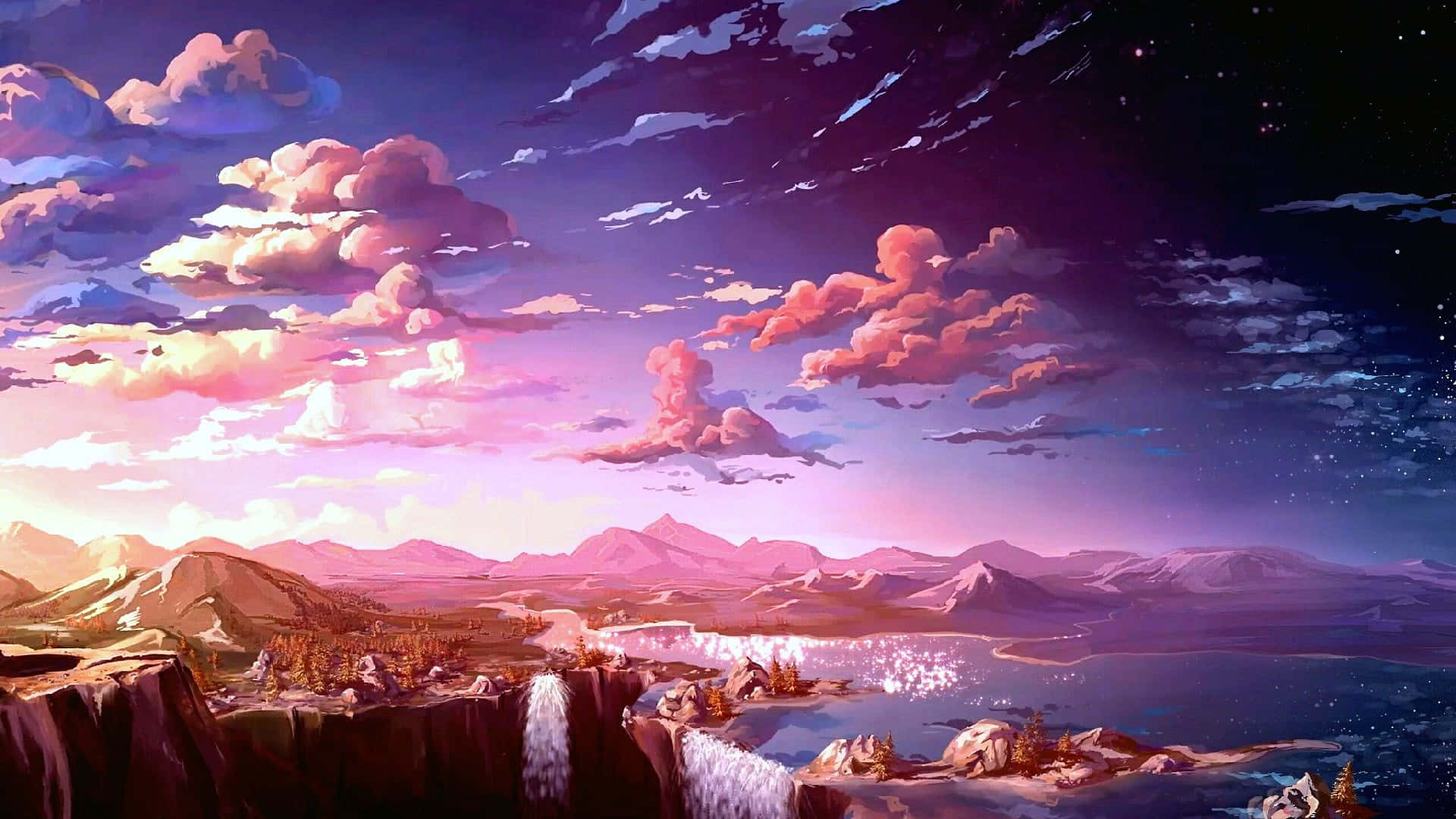 Anime Aesthetic Sky, twilight, glowing waterfalls, Full HD Desktop Wallpaper