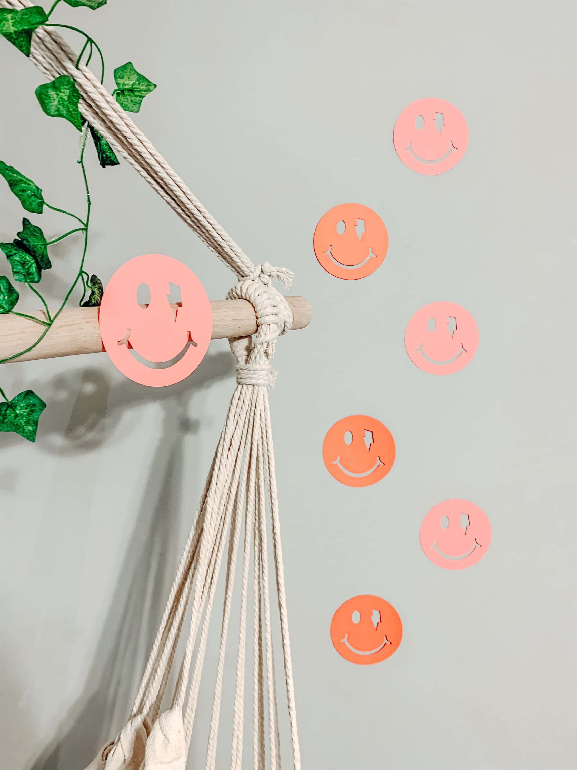 aesthetic smiley face, pink and orange paper smiley faces, macrame hanging with green ivy, 2K Phone Wallpaper