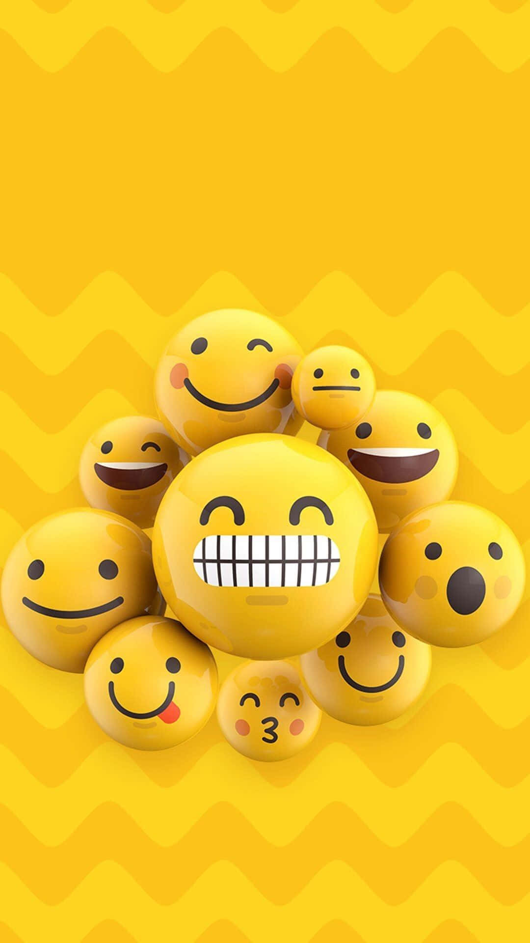 Aesthetic Smiley Face, glossy yellow emoji faces, vibrant zigzag yellow background, Full HD Phone Wallpaper
