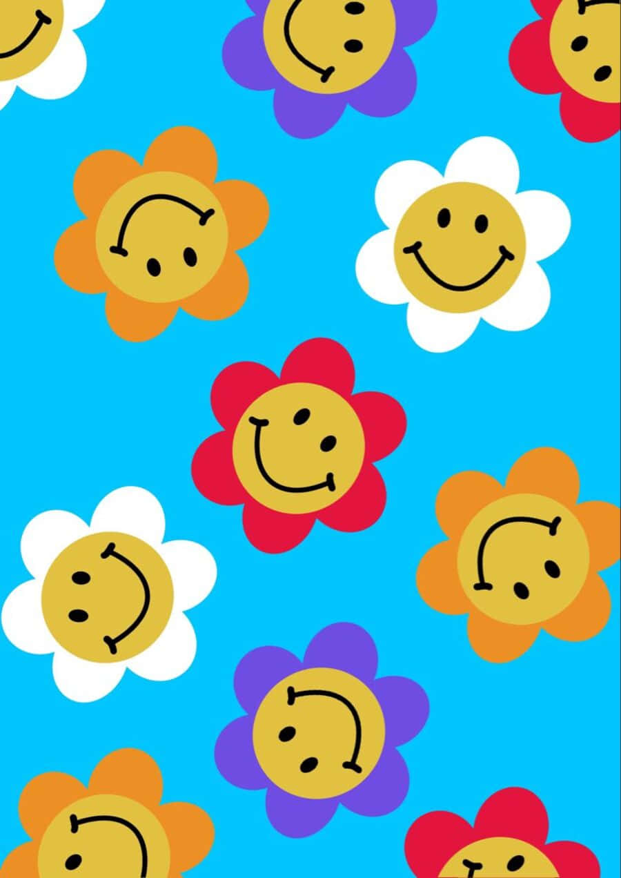Aesthetic Smiley Face, blue background, colorful cartoon flowers, SD Phone Wallpaper