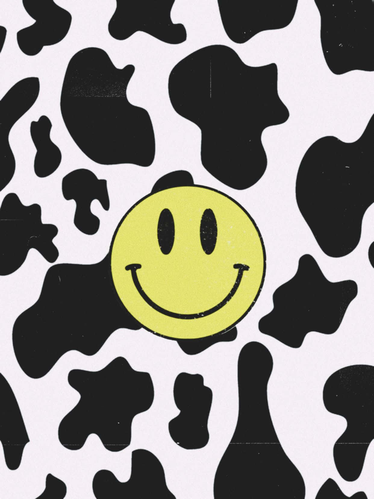 Aesthetic Smiley Face, bright yellow smiley face, black and white cow print background, HD Phone Wallpaper