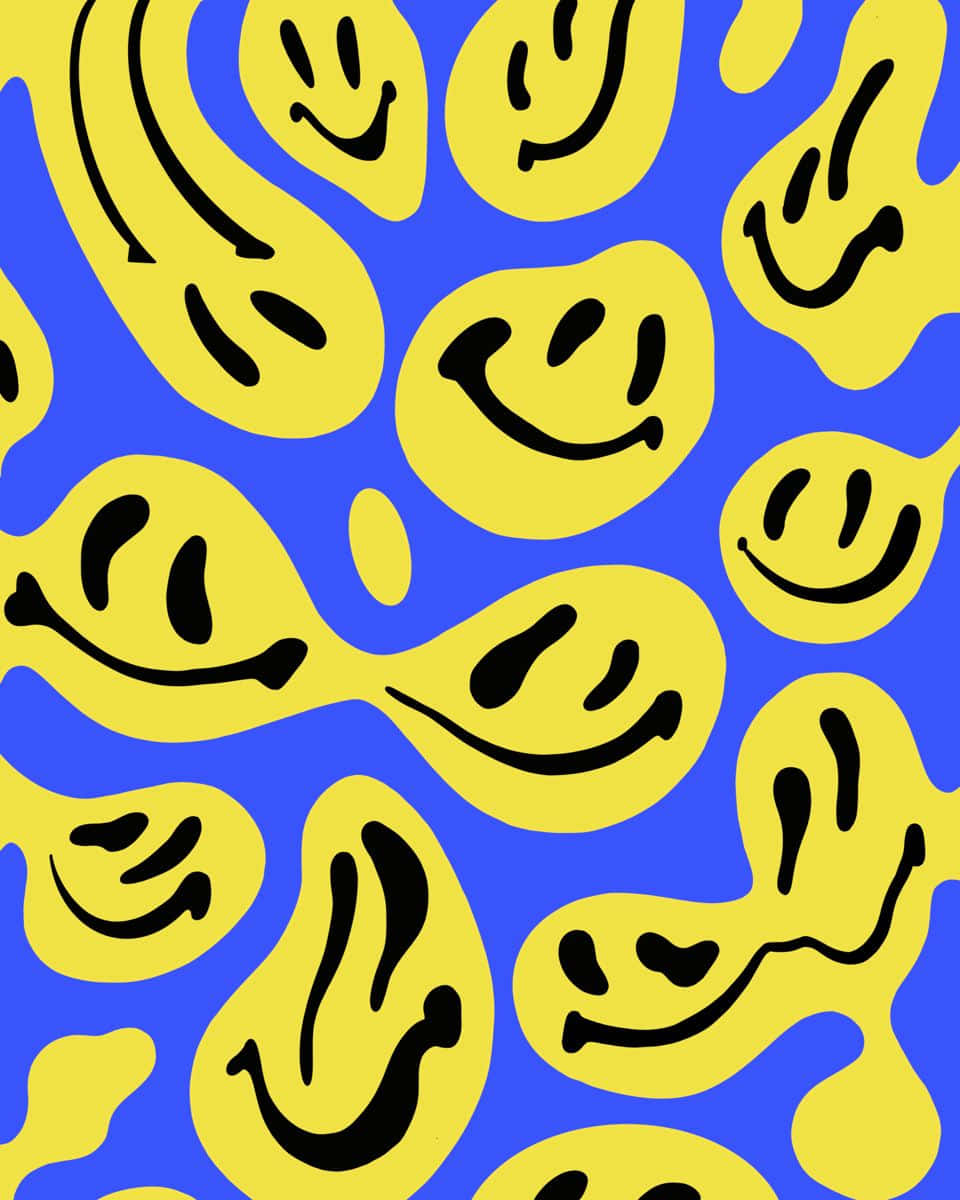 Aesthetic Smiley Face, blue background, yellow smiley faces, SD Phone Wallpaper