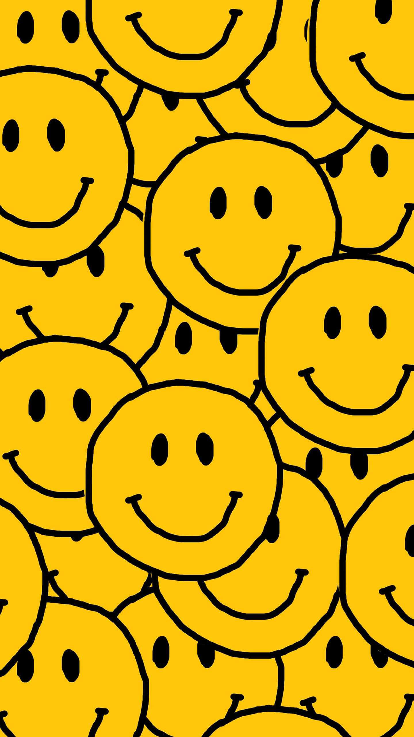 Aesthetic Smiley Face, vibrant yellow background, overlapping hand-drawn smiley faces, 2K Phone Wallpaper