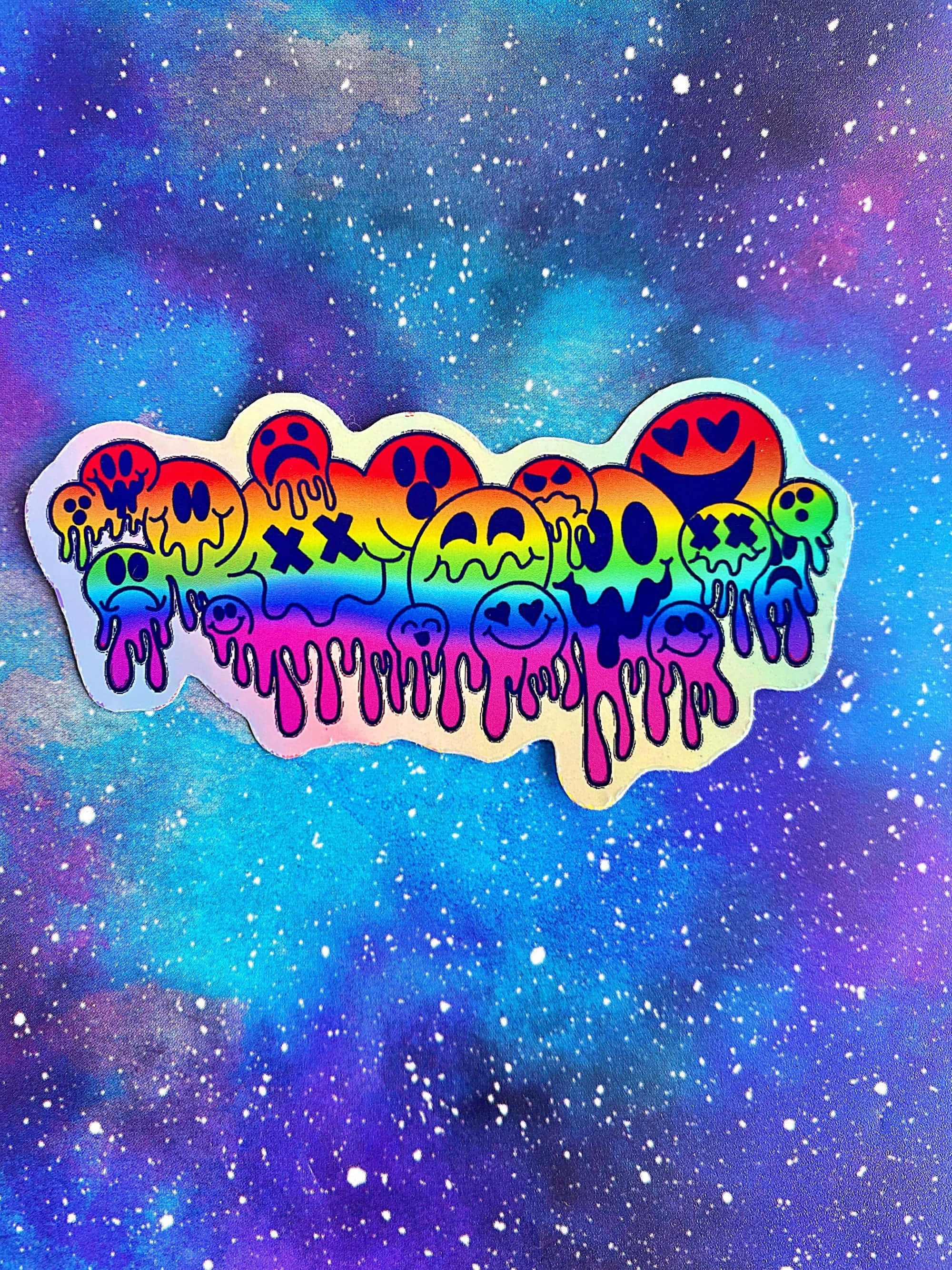holographic sticker, rainbow gradient, melting smiley faces, 2K Phone Wallpaper