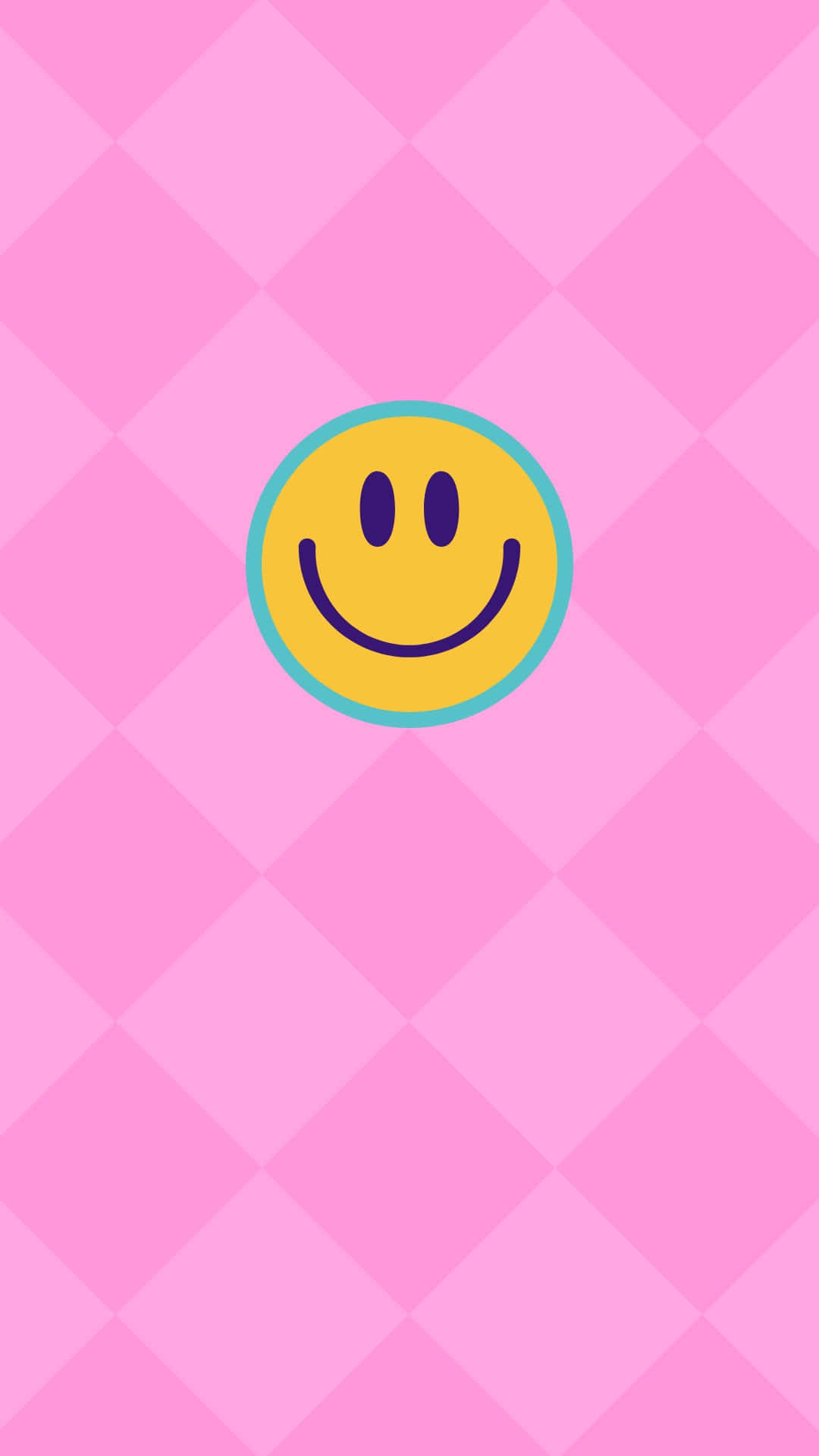 yellow smiley face, teal border, soft pink diamond-patterned background, Full HD Phone Wallpaper