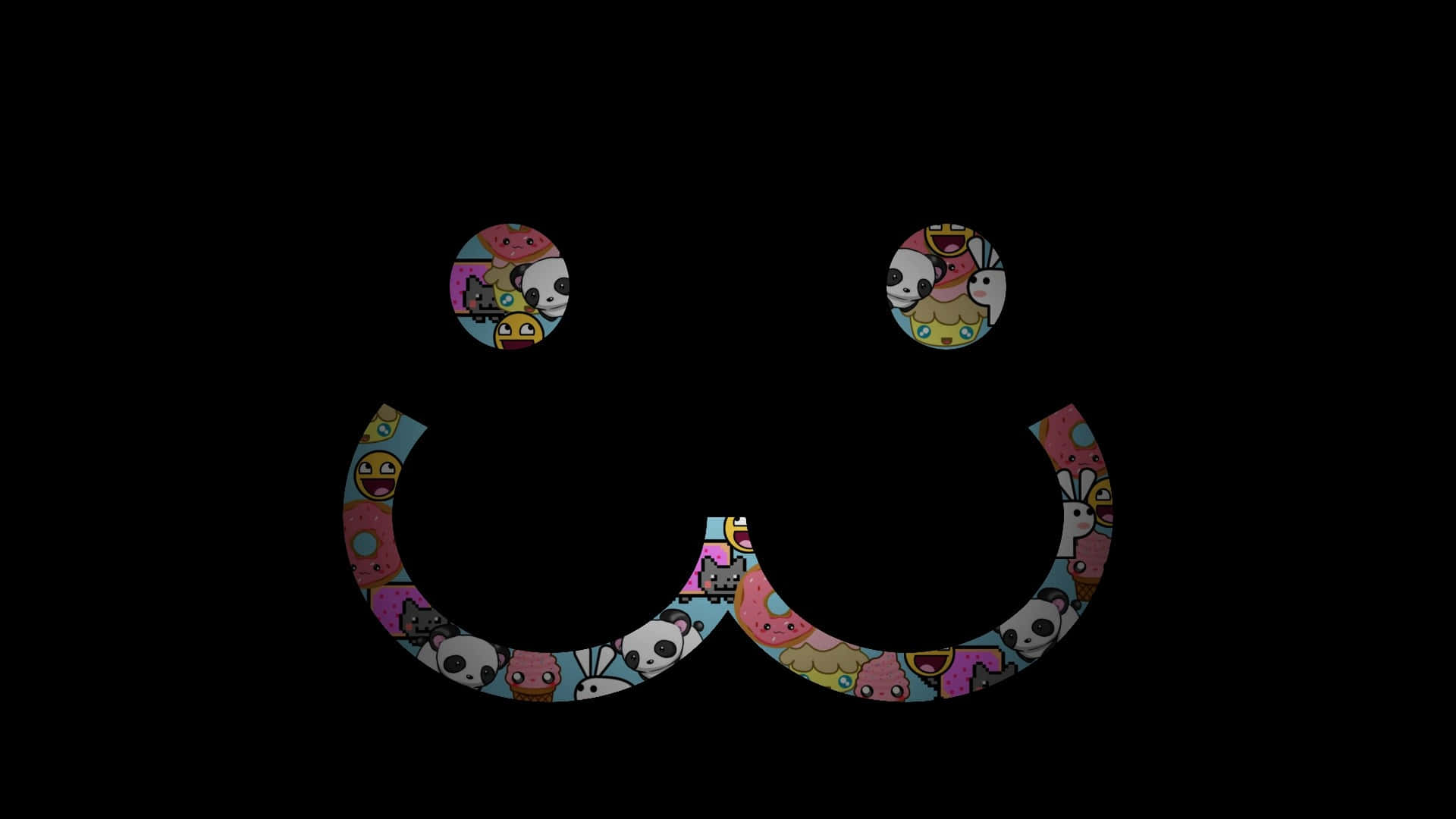 dark cute aesthetic smiley face, colorful cartoon animals, black background, Full HD Desktop Wallpaper