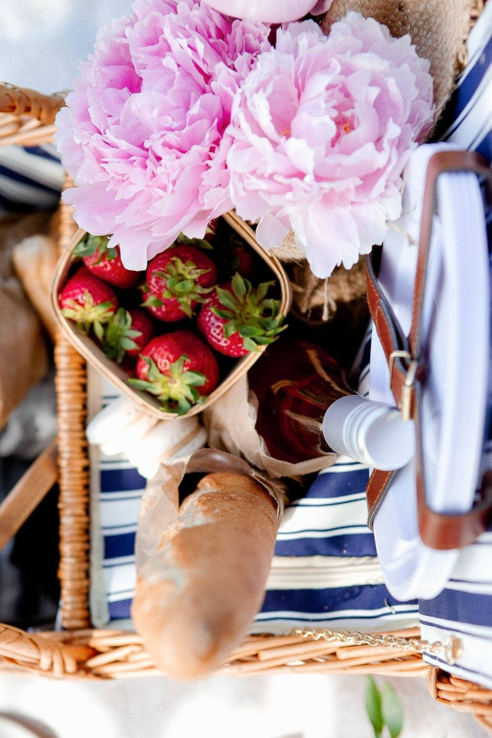 pink peonies, fresh strawberries, baguette, HD Phone Wallpaper