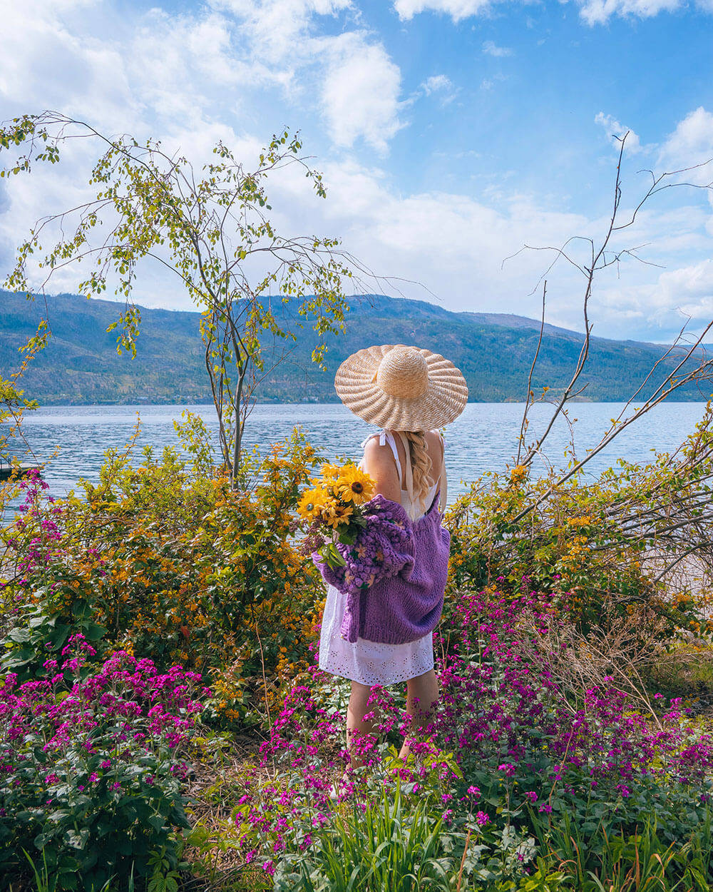 aesthetic spring, straw hat, purple sweater, SD Phone Wallpaper