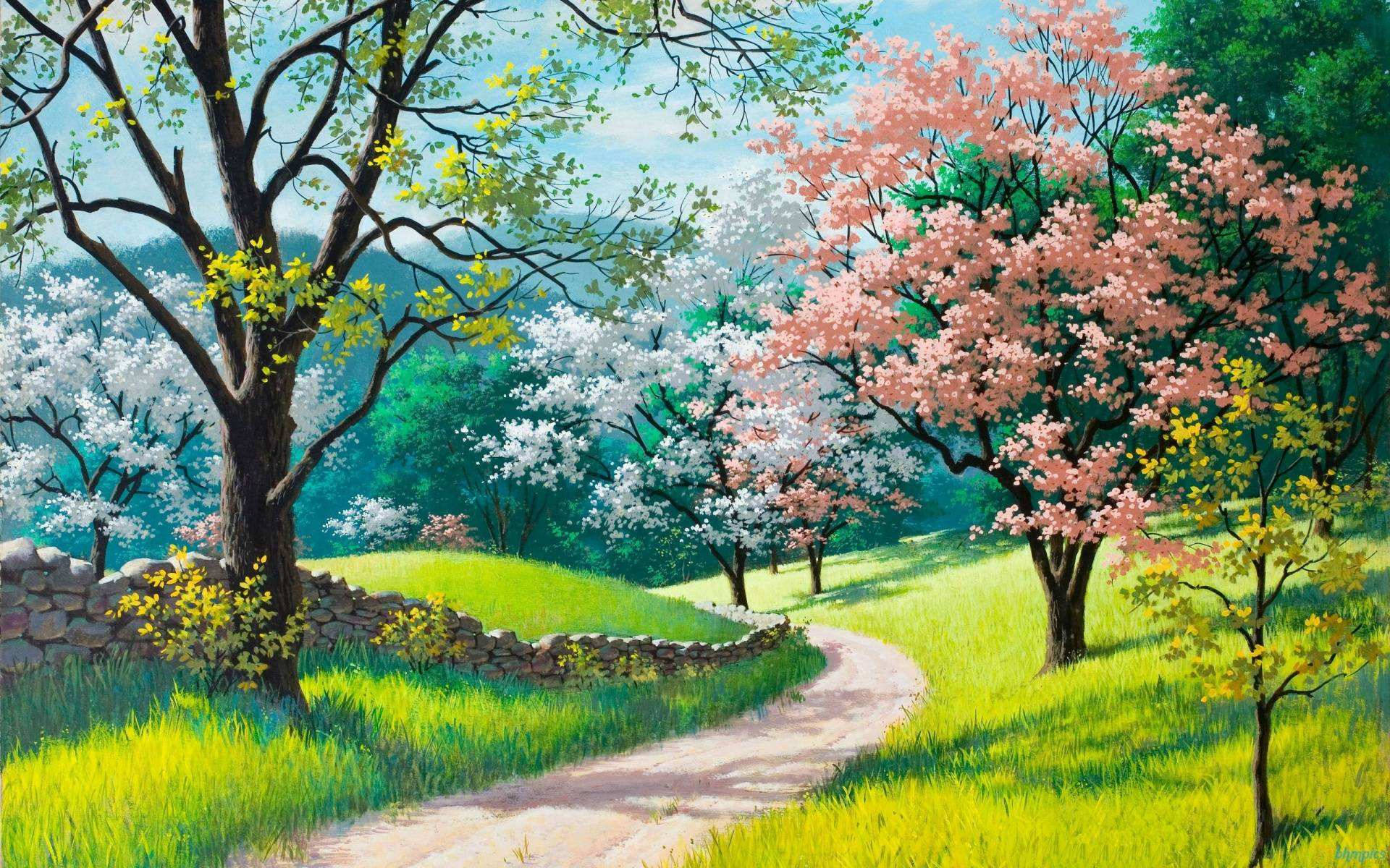 spring meadow, blossoming cherry trees, blossoming plum trees, Full HD Desktop Wallpaper