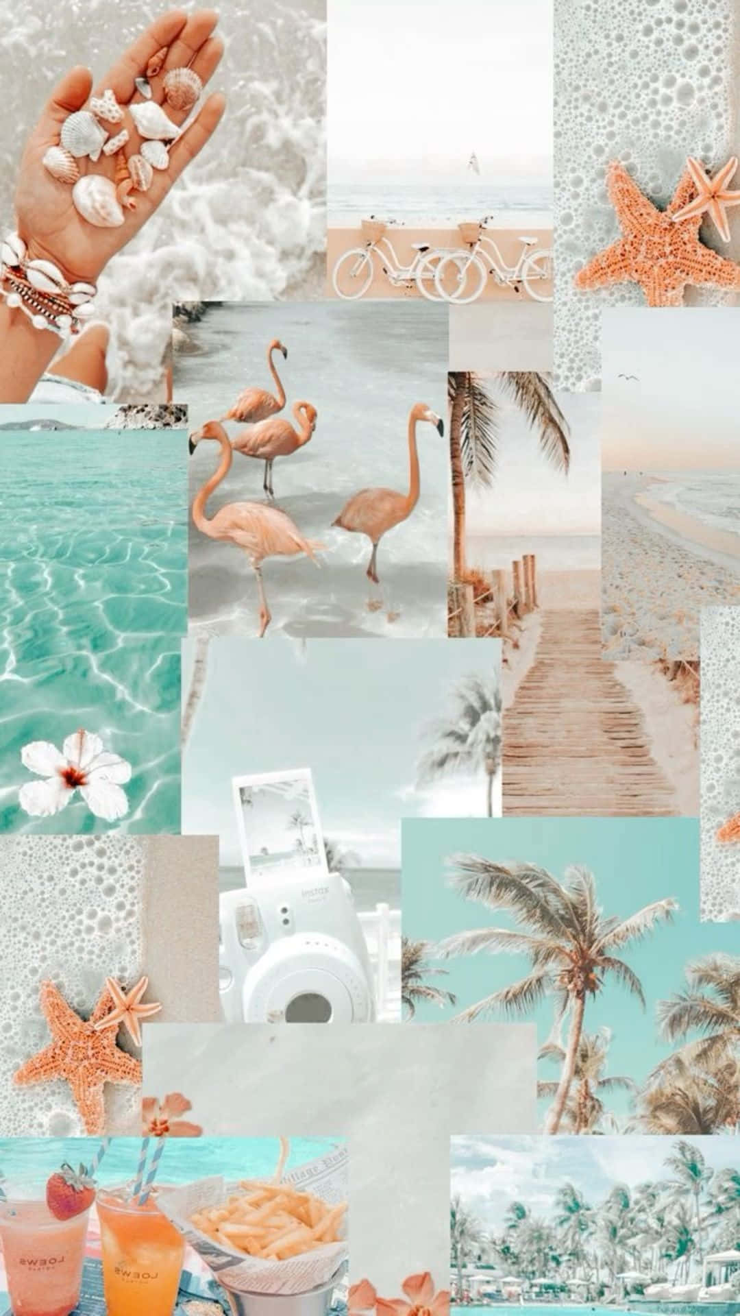 flamingos, palm trees, starfish, Full HD Phone Wallpaper